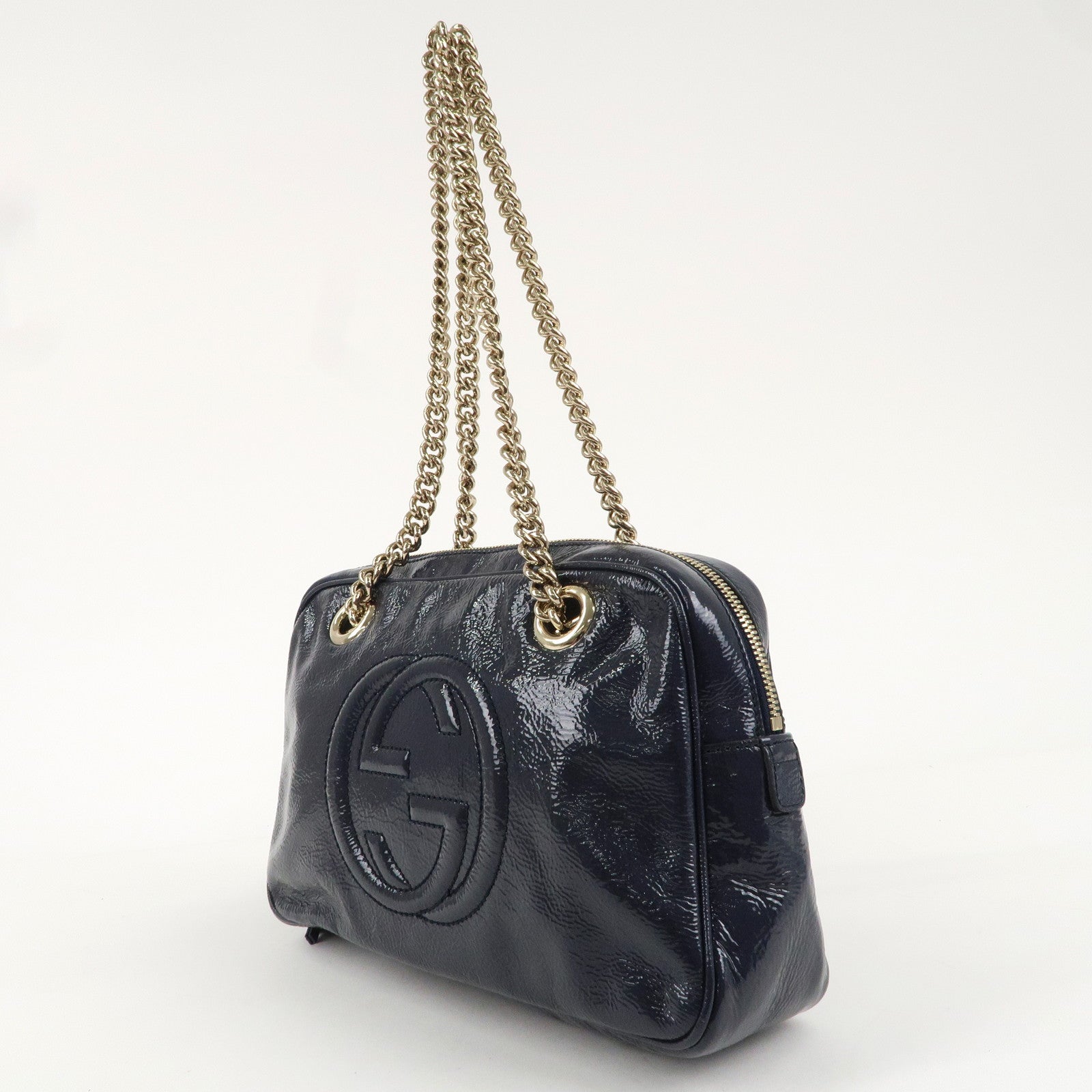 GUCCI SOHO Leather Chain Patent Shoulder Bag Navy 308983Used F/S