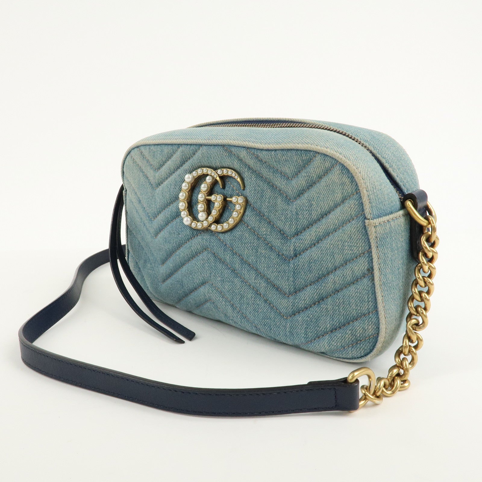 GUCCI GG Marmont Denim Leather Chain Shoulder Bag LIght Blue447632 Used