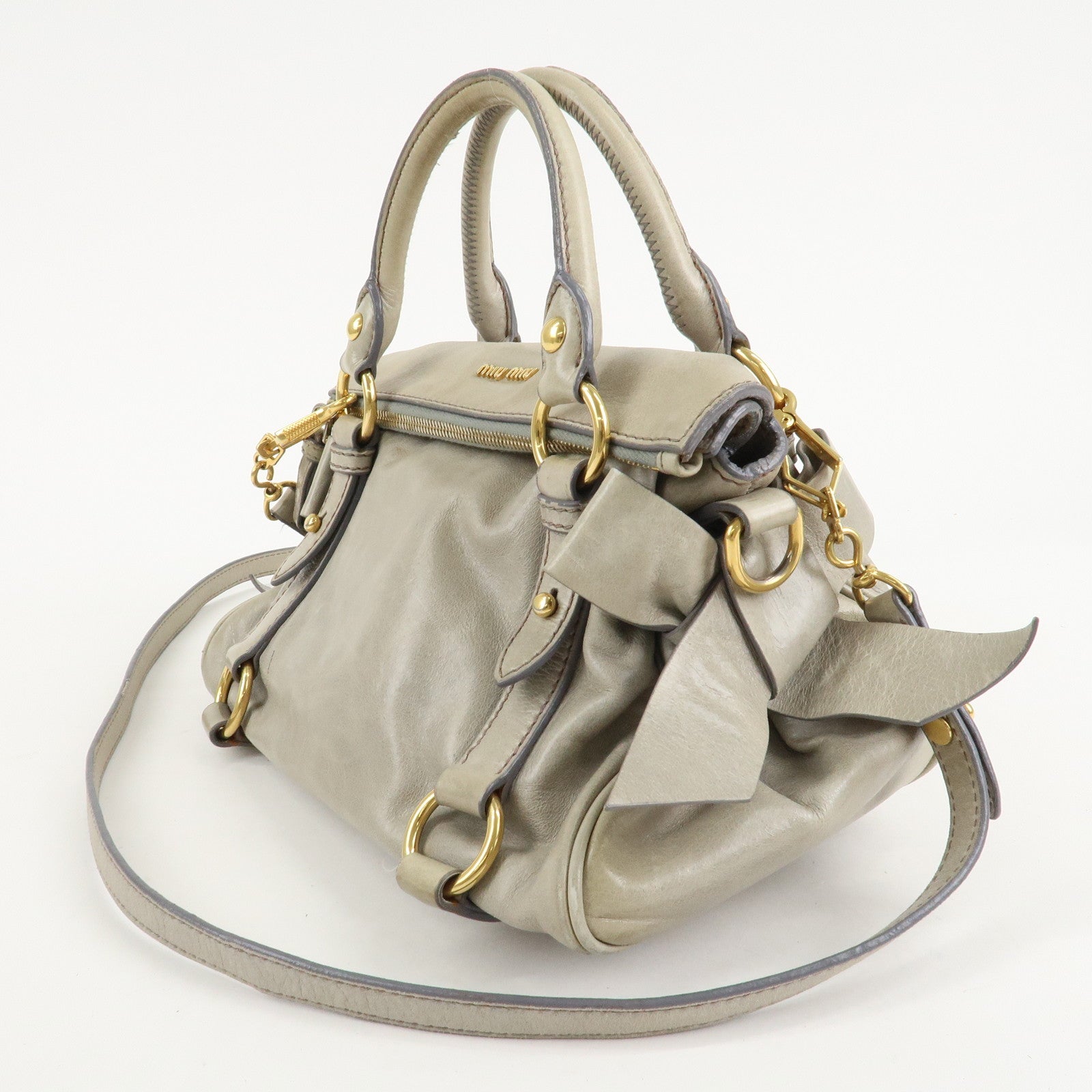 MIU MIU Leather 2Way Bag Hand Bag Shoulder Bag Beige RT0438 Used