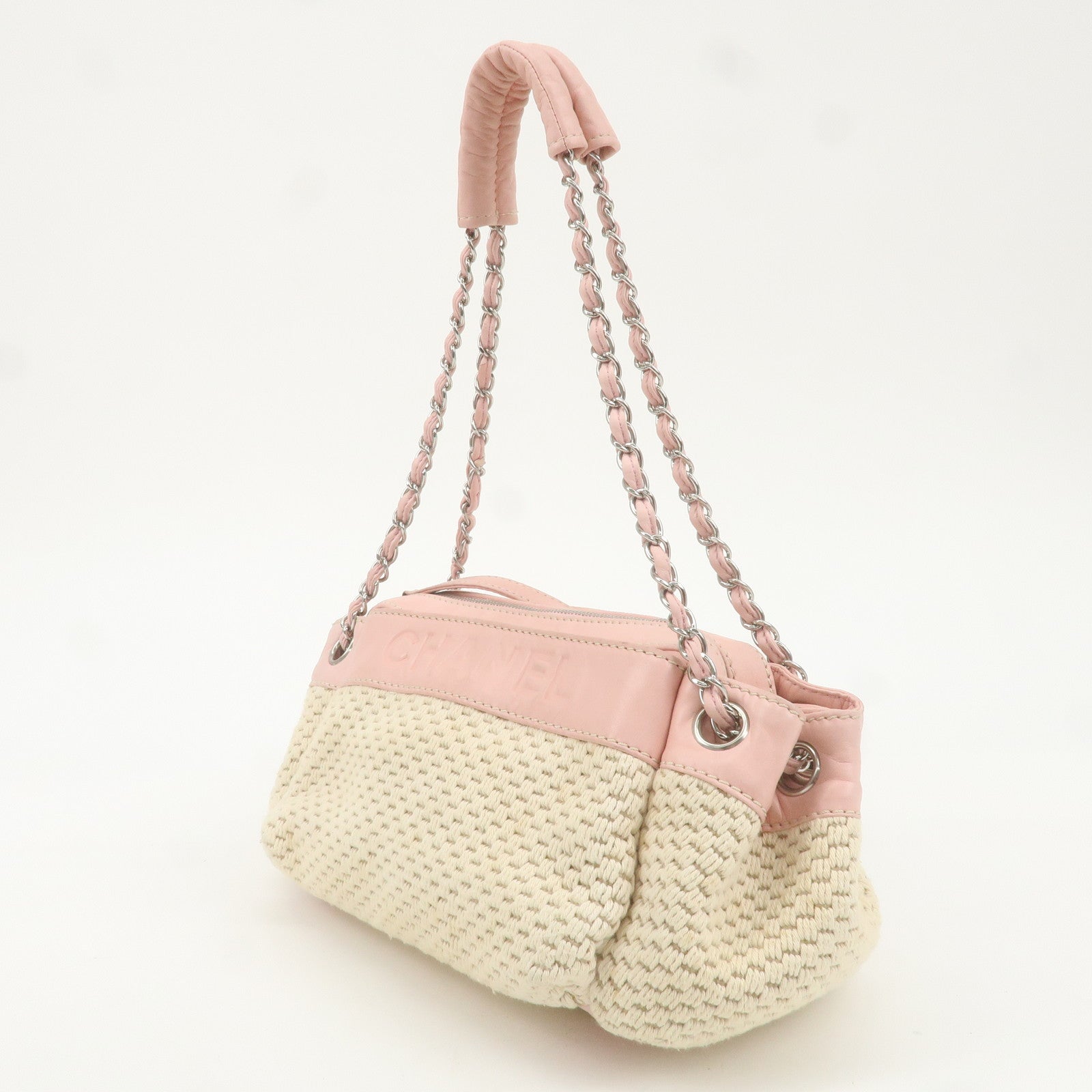 CHANEL Canvas Leather Logo Chain Tote Bag Beige Pink