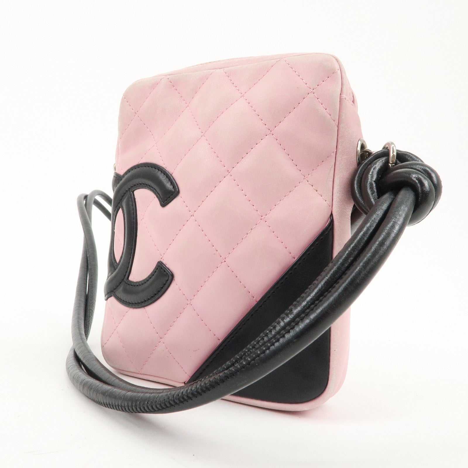 CHANEL Cambon Lamb Skin Small Pochette Pink Black A25177 Used