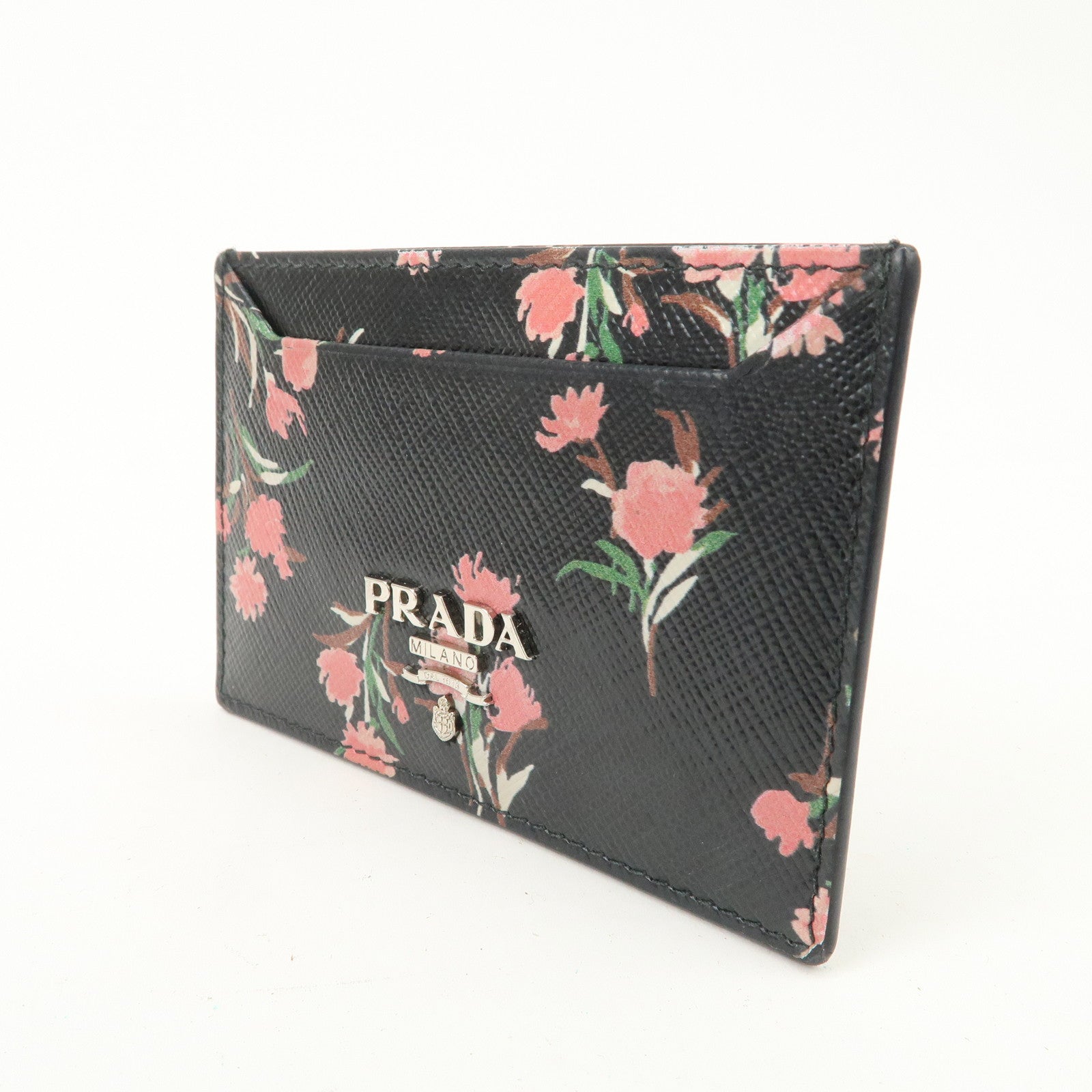 PRADA Saffiano Card Case Floral Pattern Black Pink 1MC208 Used