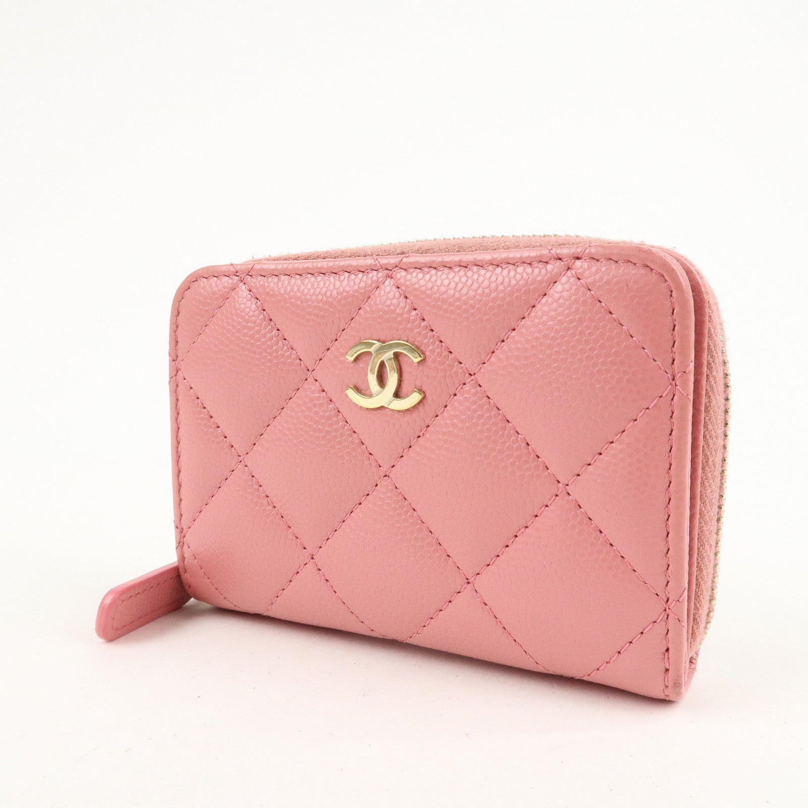 CHANEL Matelasse Caviar Skin Zippy Around Coin Case Pink Used