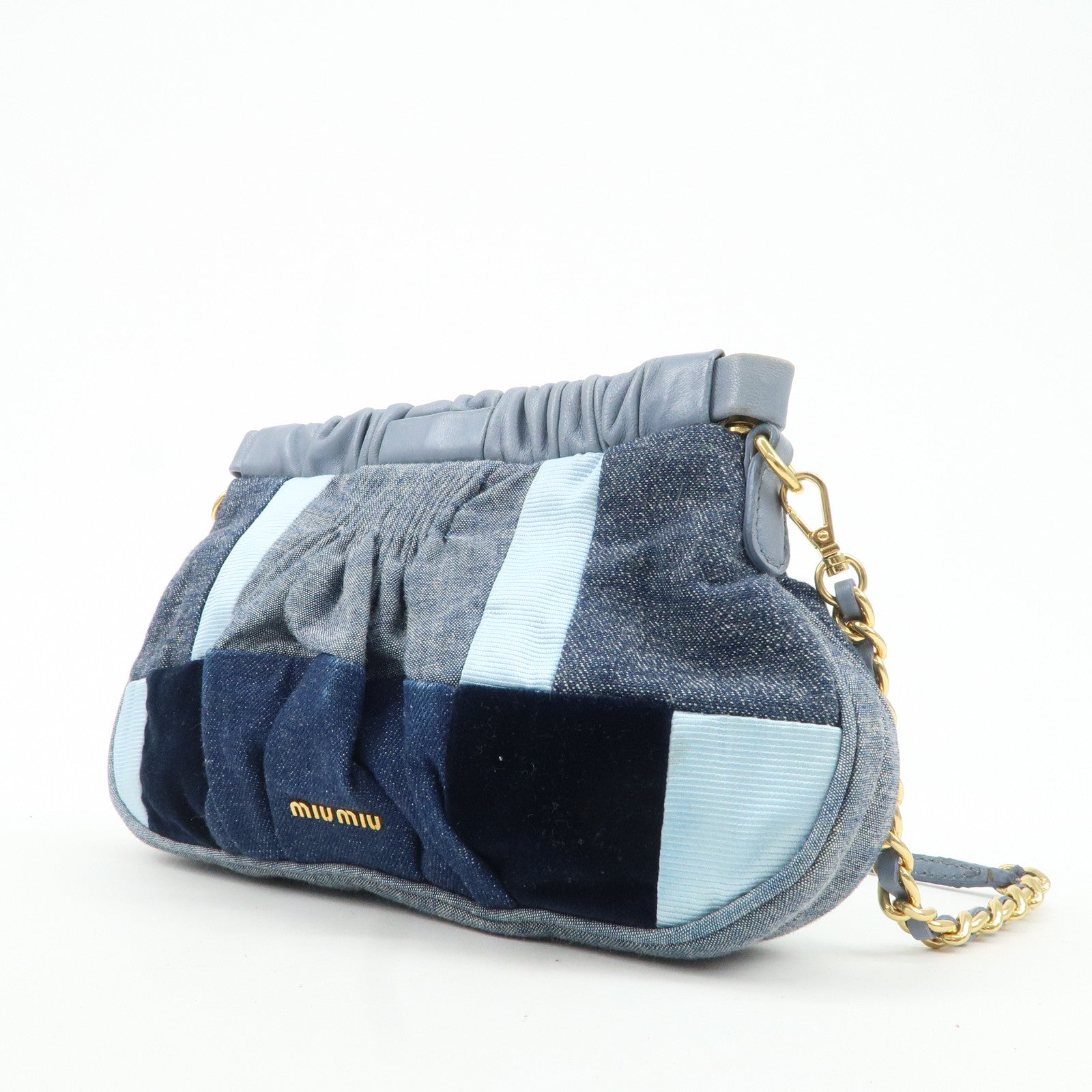 MIU MIU Denim Velour Leather Patches Shoulder Bag Blue Navy