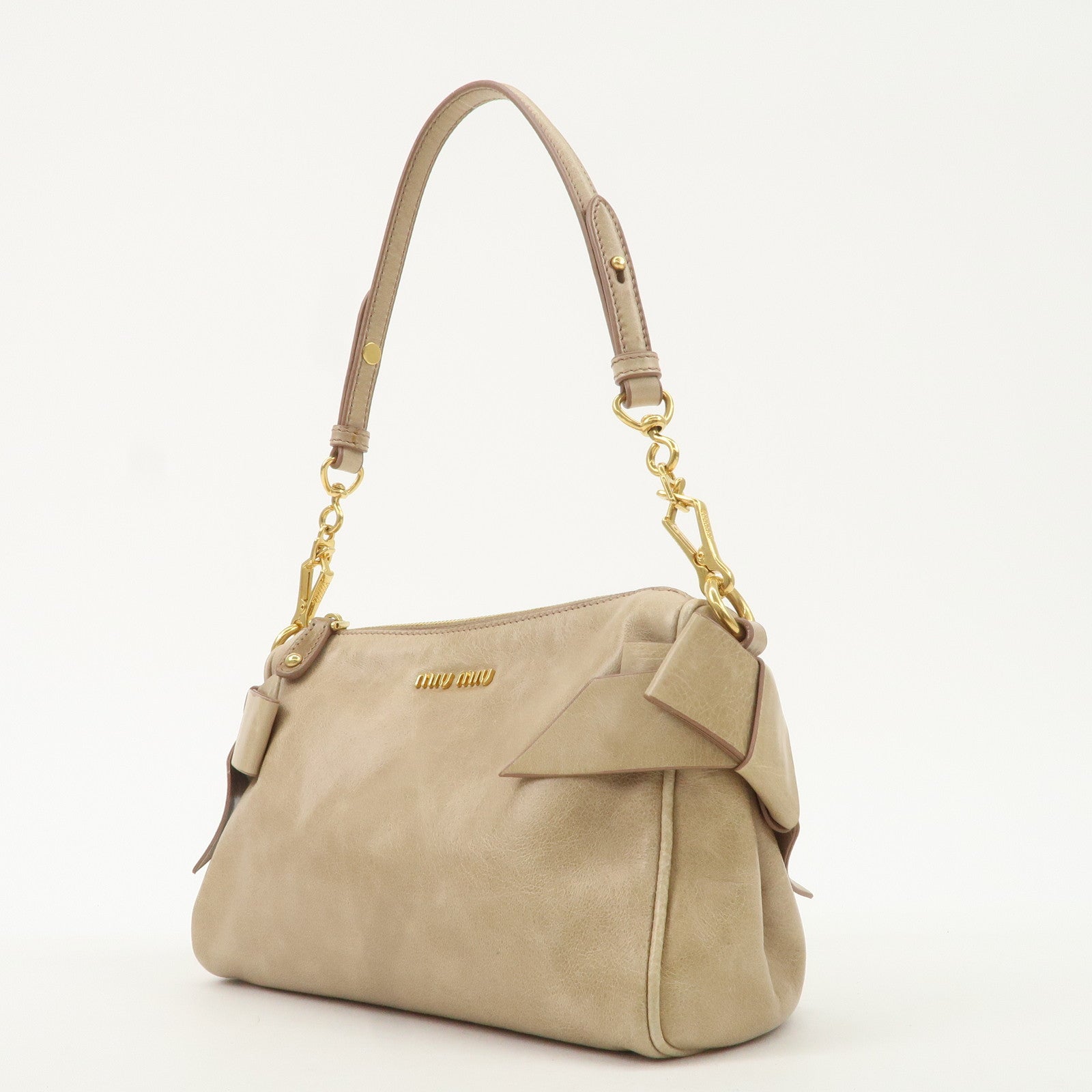 MIU MIU Leather Shoulder Bag Beige Gold Hardware Used