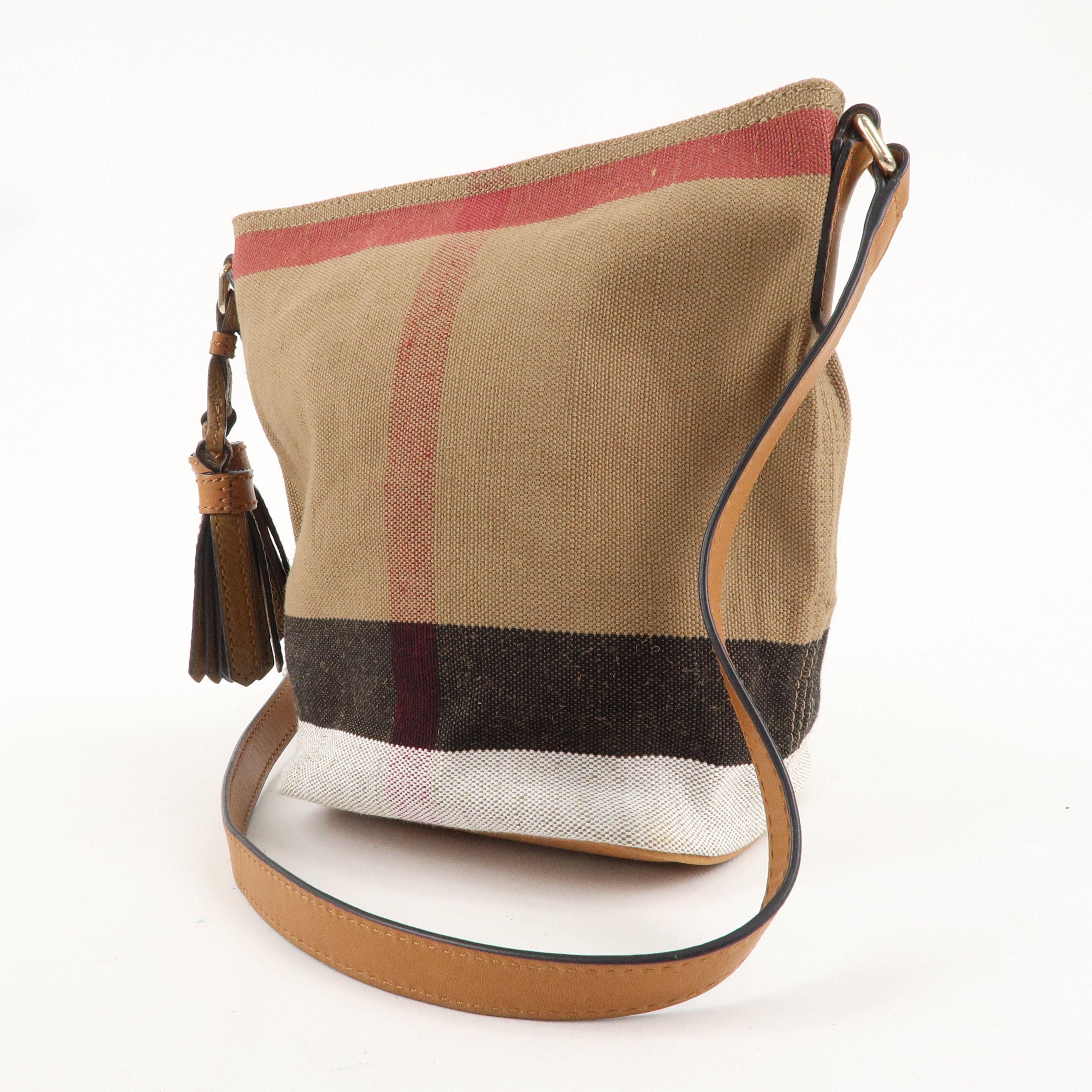 BURBERRY Canvas Leather Plaid Bucket Shoulder Bag Beige Brown