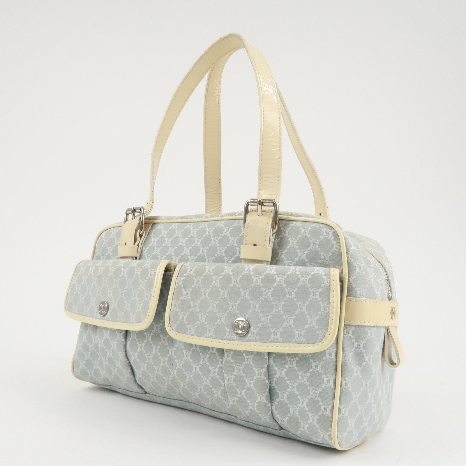 CELINE Macadam Canvas Patent Leather Boston Bag Blue Ivory Used