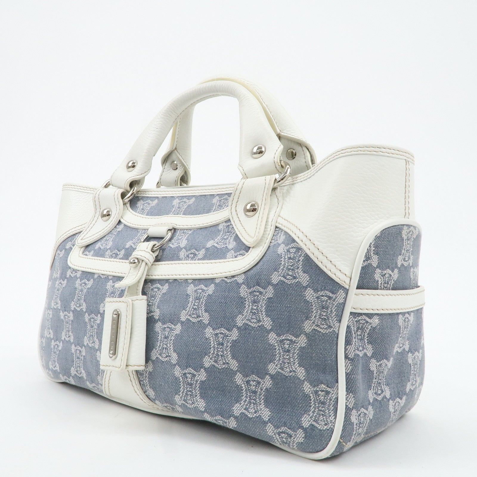 CELINE Macadam Canvas Leather Boogie Bag Hand Bag Blue White Used