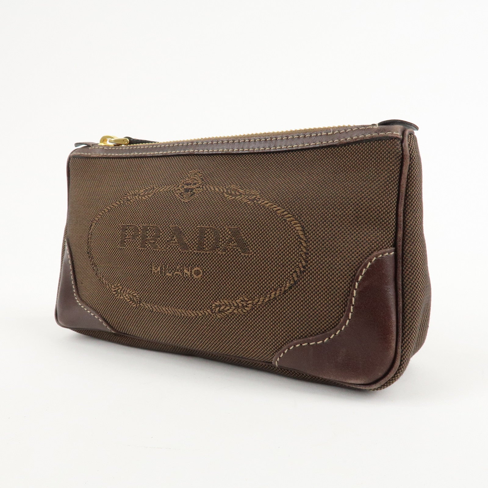 PRADA Logo Jaquard Leather Pouch Brown