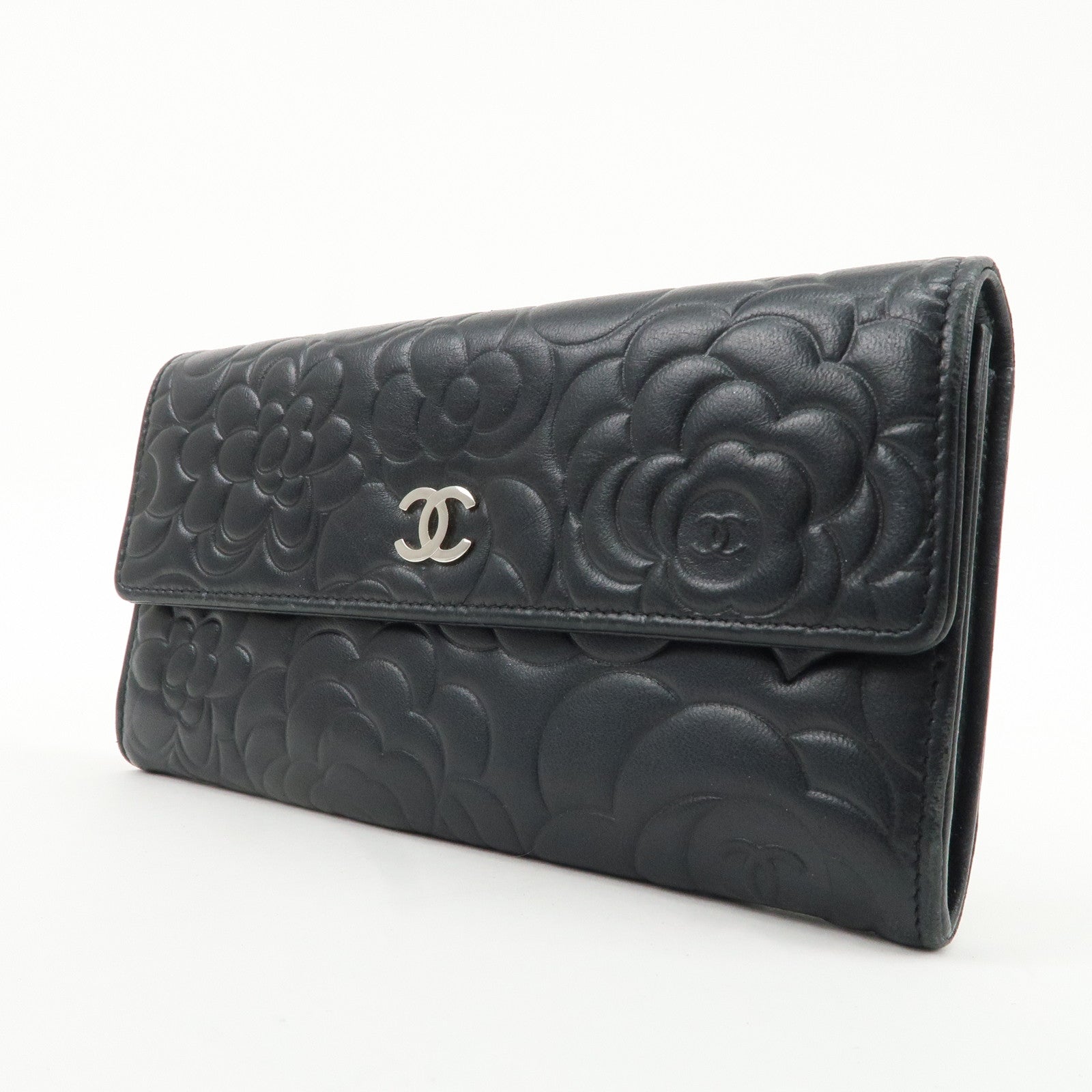 CHANEL Camelia Coco Mark Leather Bi-fold Long Wallet Black Used