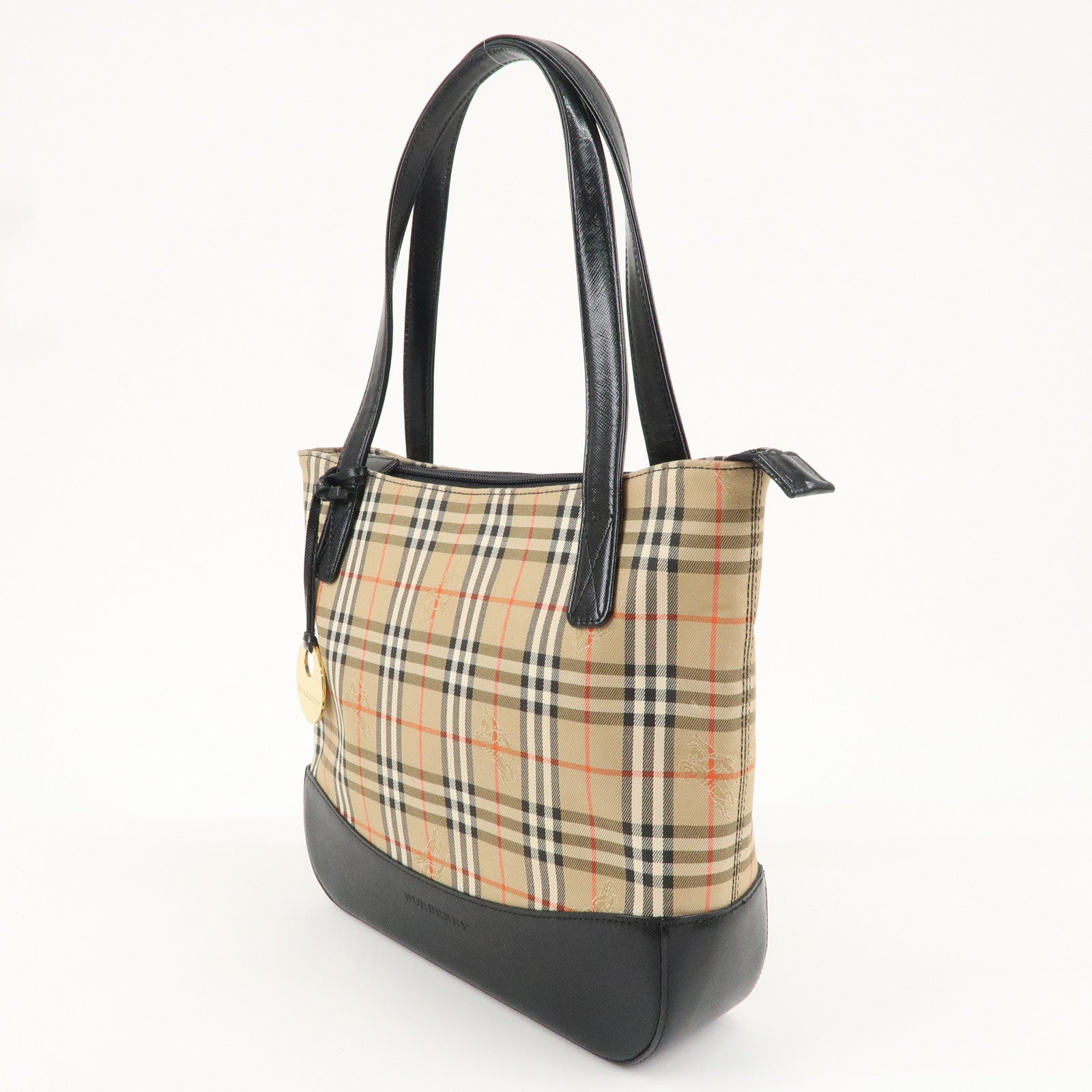 BURBERRY Canvas Leather Nova Plaid Tote Hand Bag Beige Black