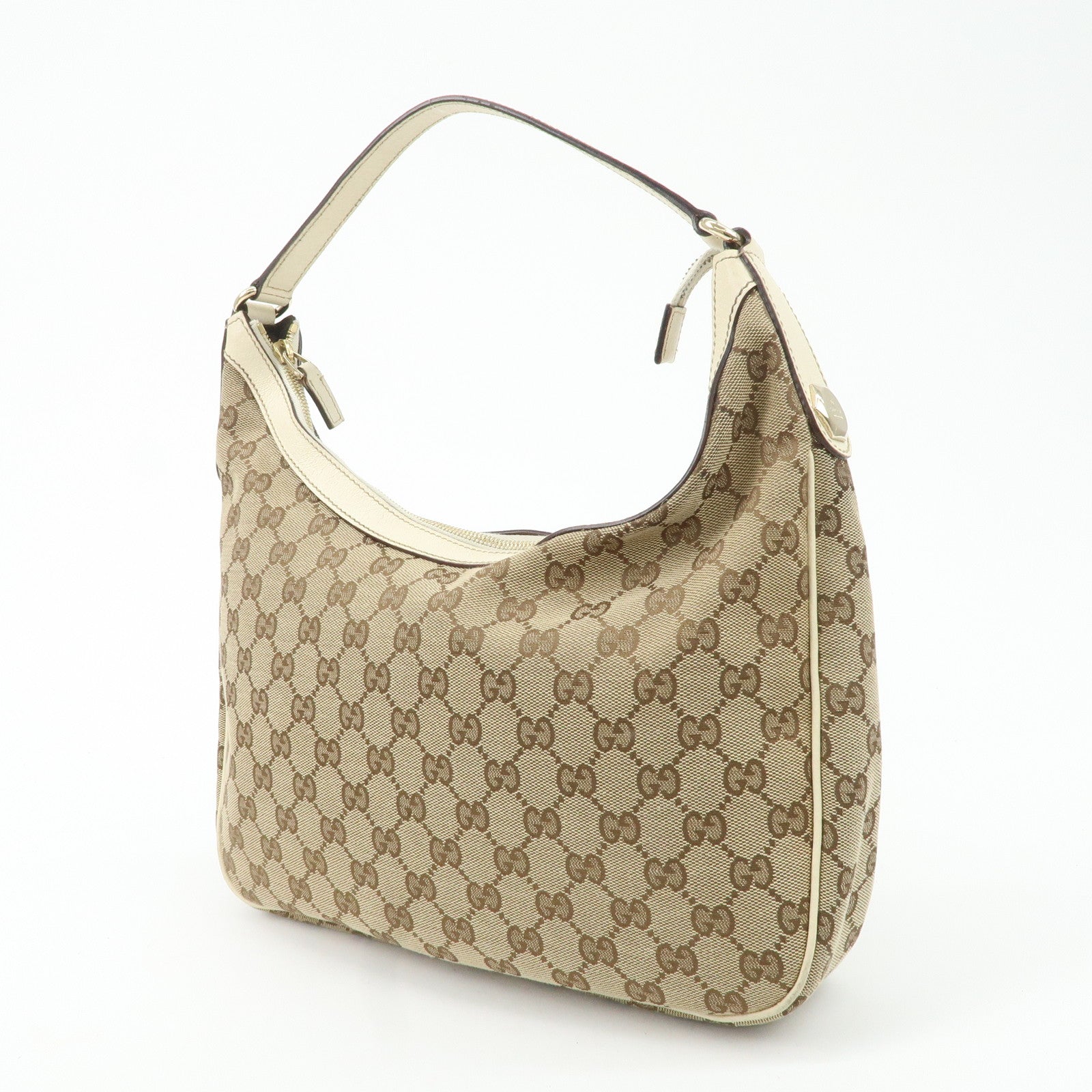 GUCCI GG Canvas Leather Shoulder Bag Beige Ivory 153010