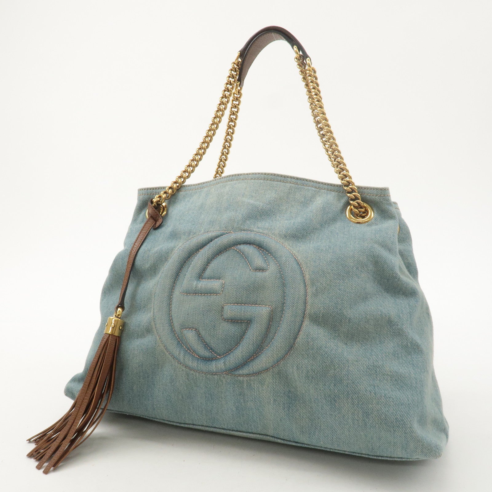 GUCCI SOHO Interlocking G Denim Leather Chain Tote Bag 308982