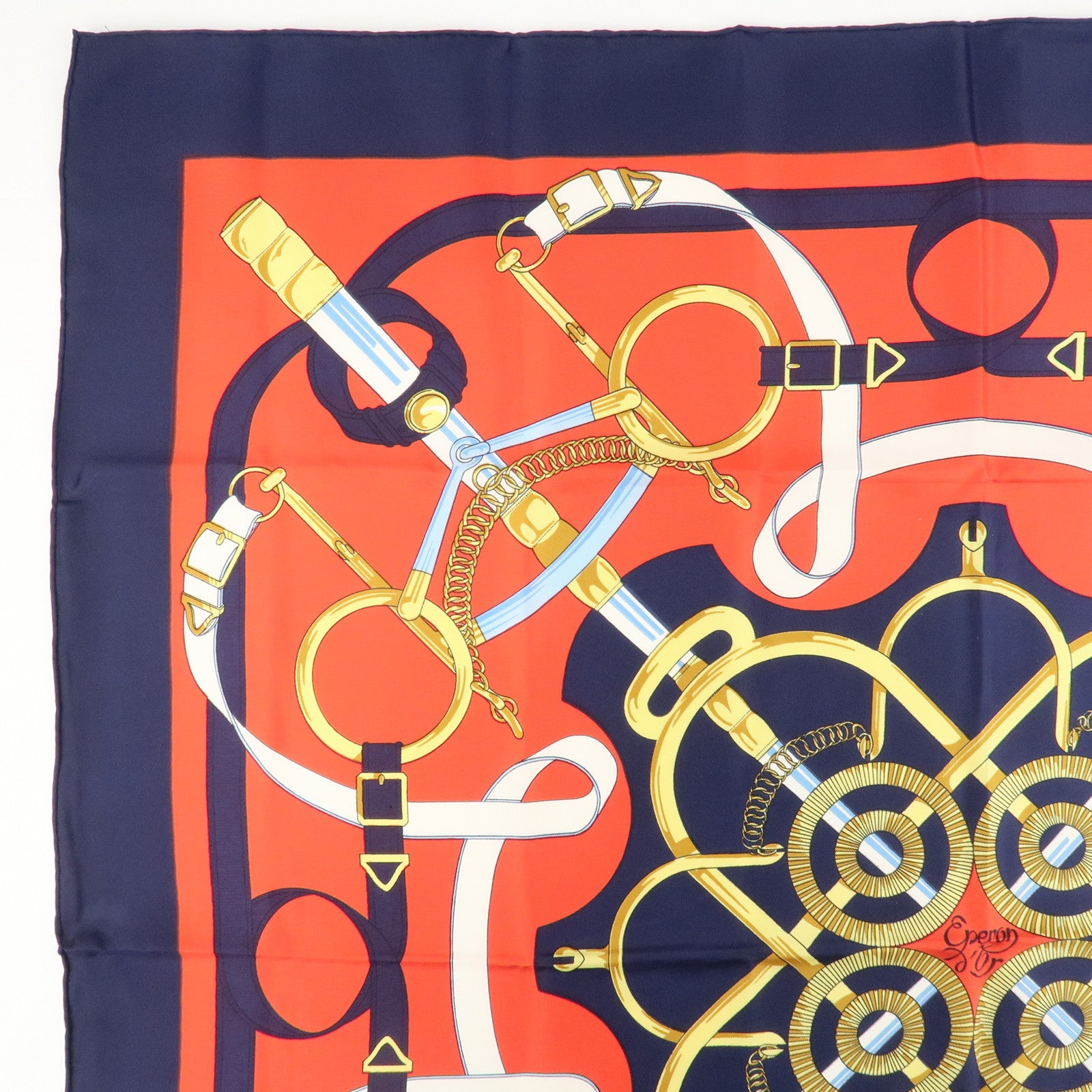 HERMES Carre 90 100% Silk Scarf Eperon d
or Red Navy Gold Used