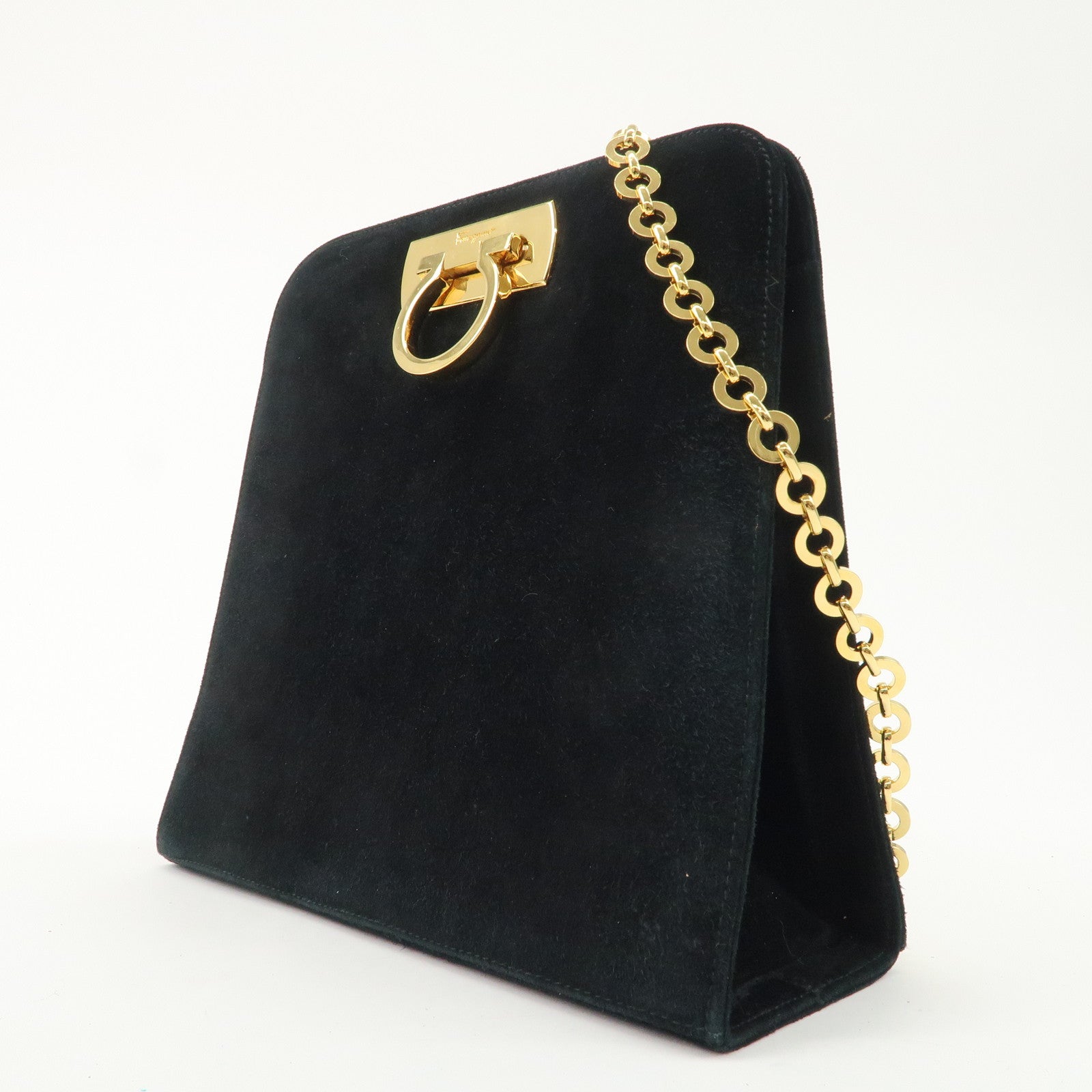 Salvatore Ferragamo Gancini Suede Chain Shoulder Black Bag