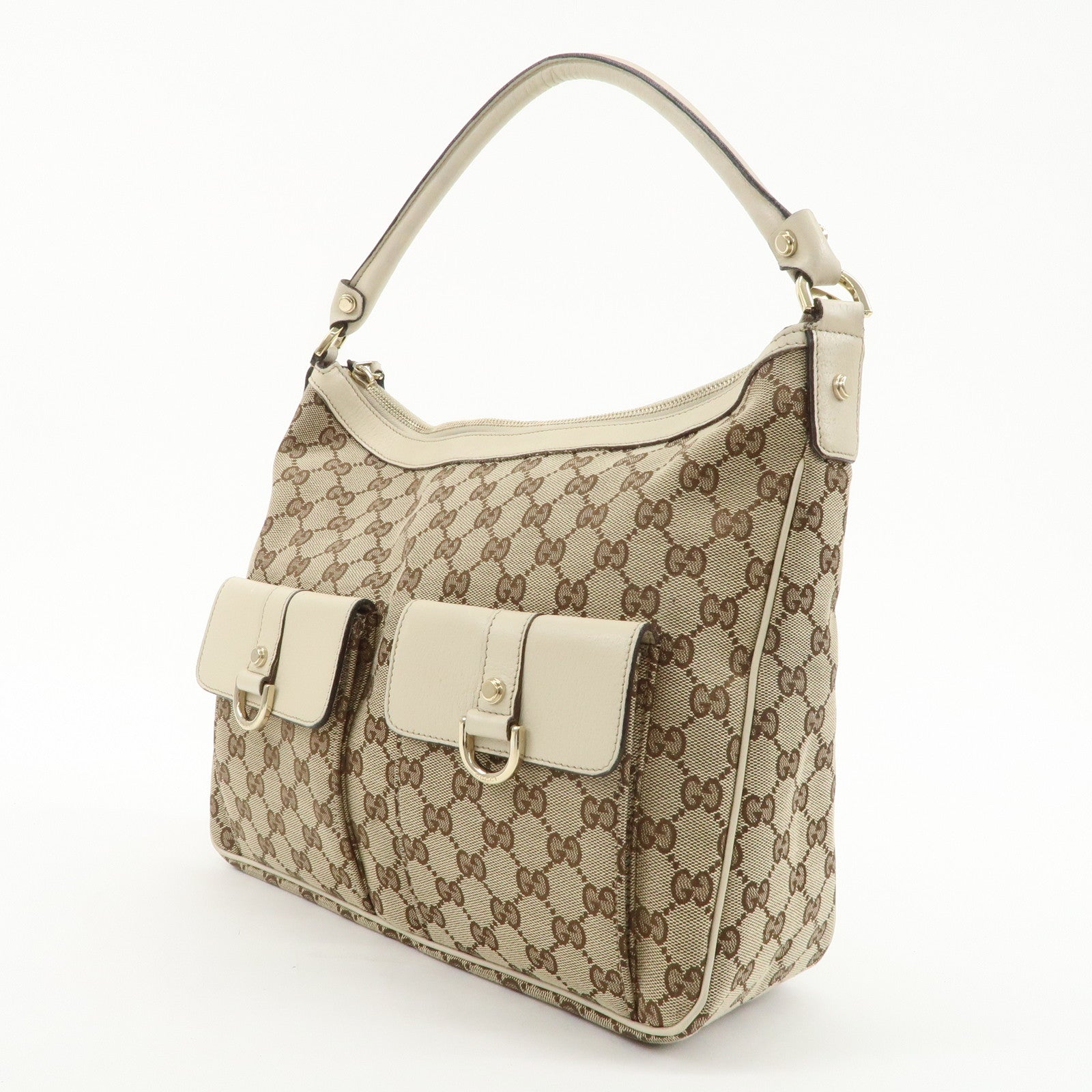 GUCCI GG Canvas Leather Shoulder Bag Beige Ivory 153025 Used