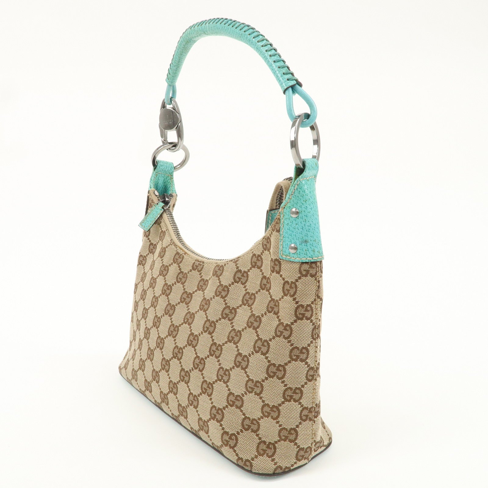 GUCCI GG Canvas Leather Shoulder Bag Beige Turquoise 115002