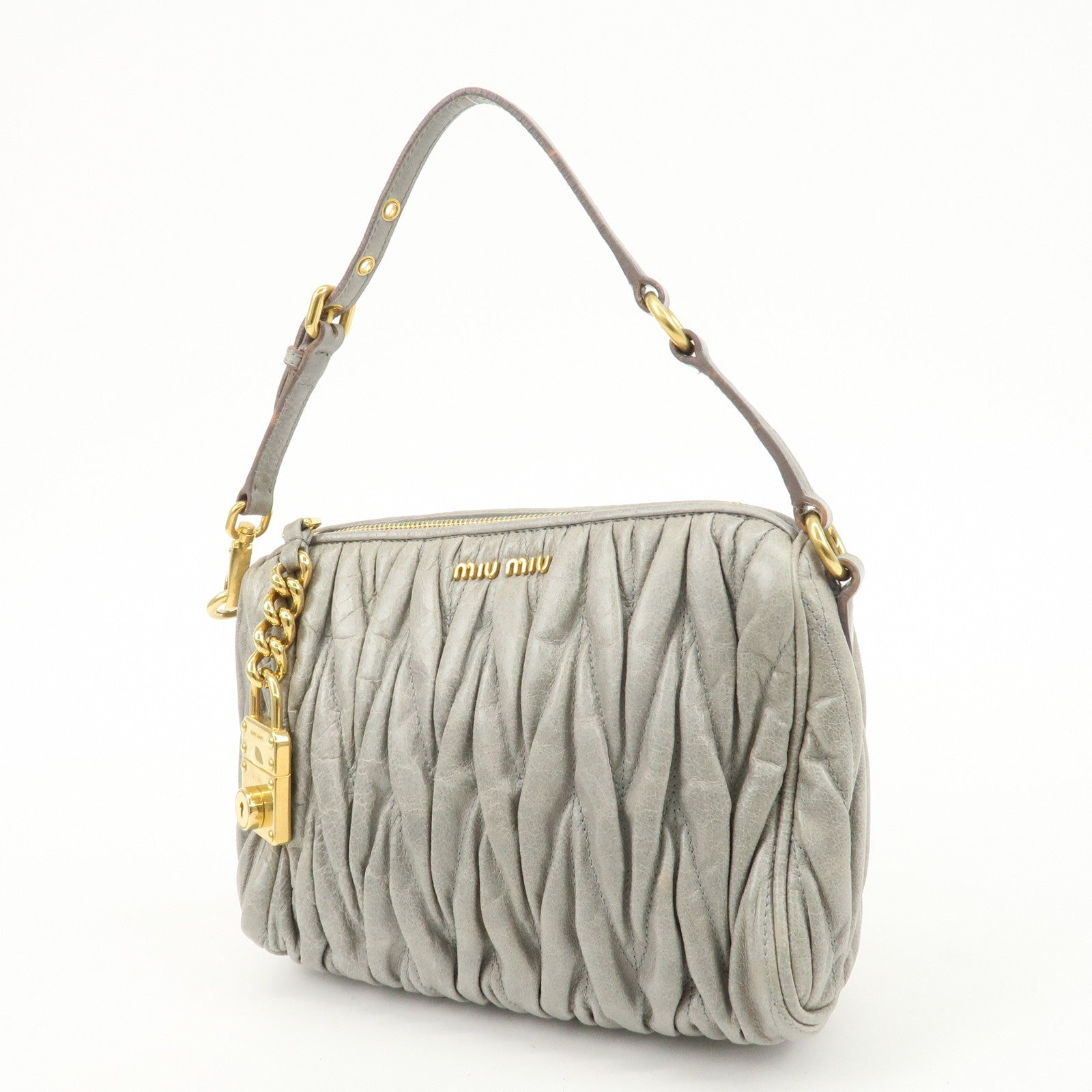 MIU MIU Matelasse Leather Semi Shoulder Bag Hand Bag Gray Used