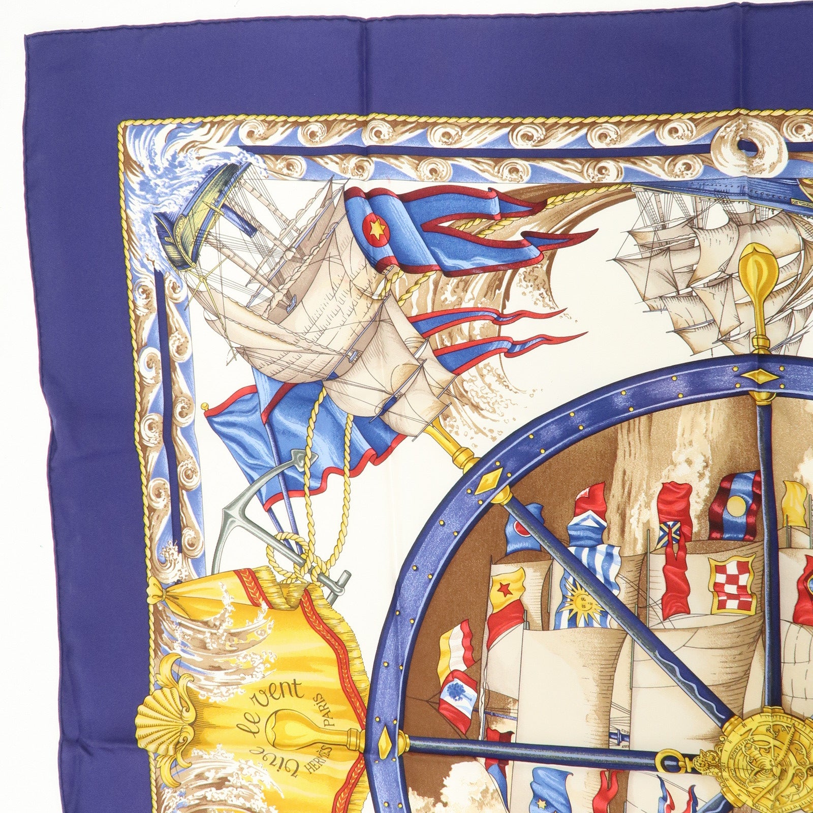 HERMES Carre 90 Silk 100% Scarf Vive levent Navy White Gold