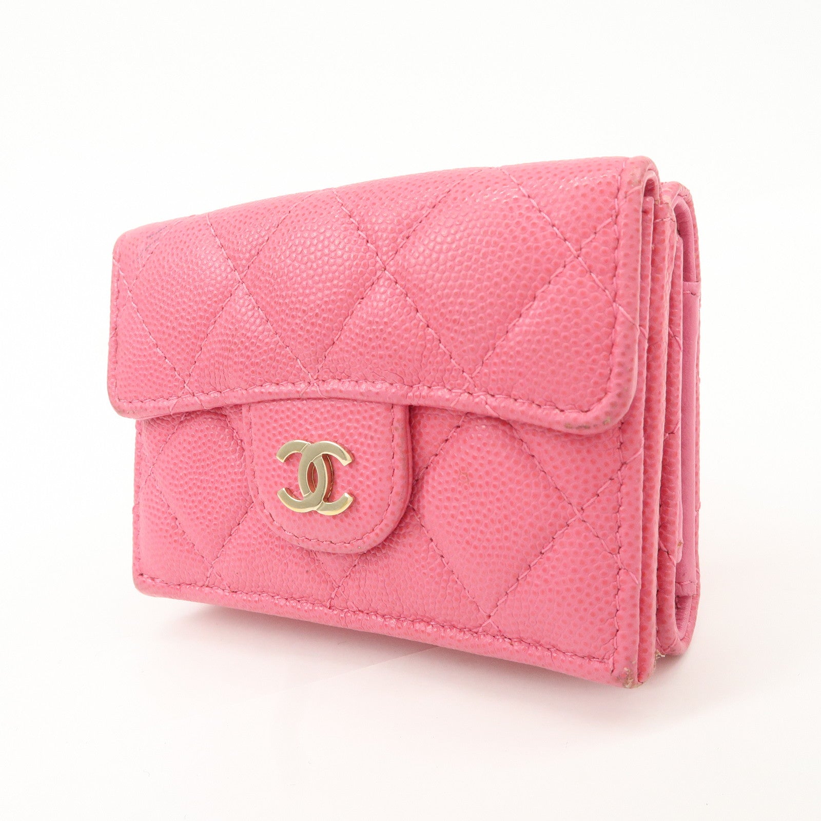 CHANEL Matelasse Caviar Skin Tri-Fold Wallet Pink A84401