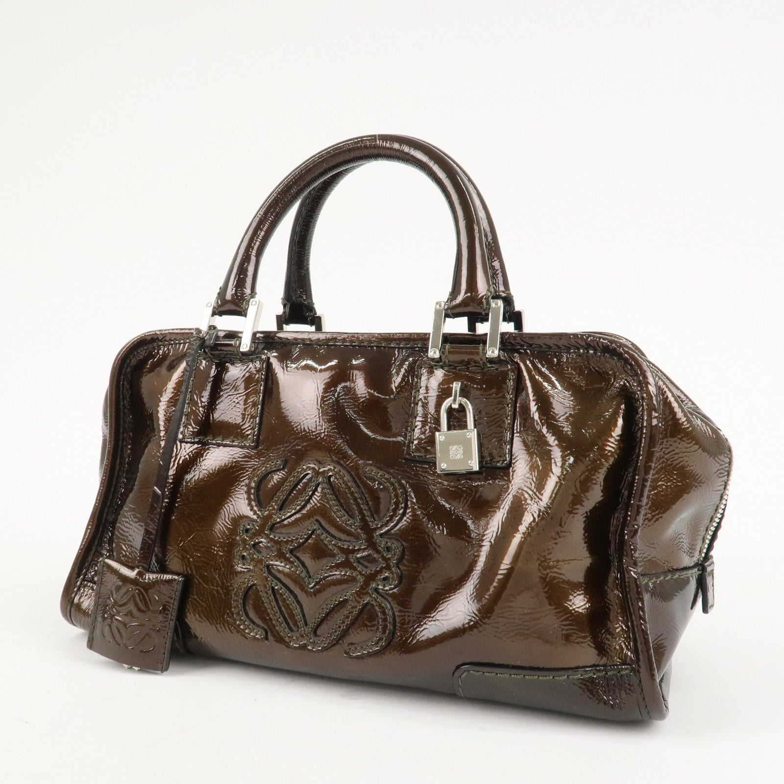 LOEWE Anagram Patent Leather Amasona28 Hand Bag  Bronze