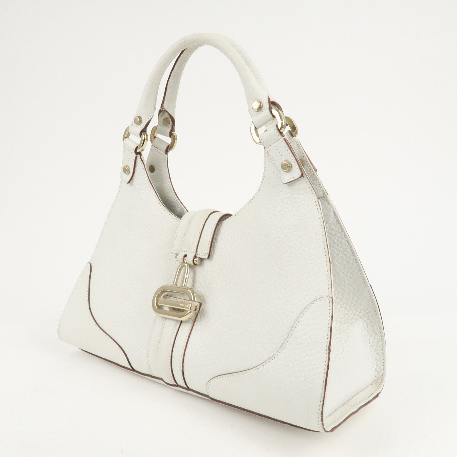 GUCCI Leather Shoulder Bag Hand Bag White Gold HDW 130995 Used