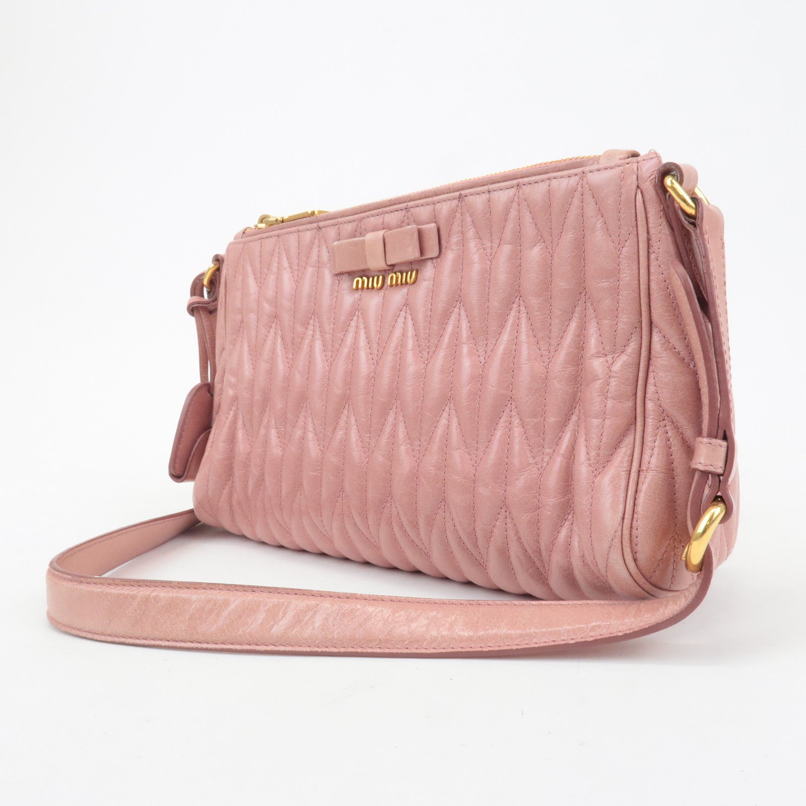 MIU MIU Leather Ribbon Gathered Shoulder Bag Pink RR1937