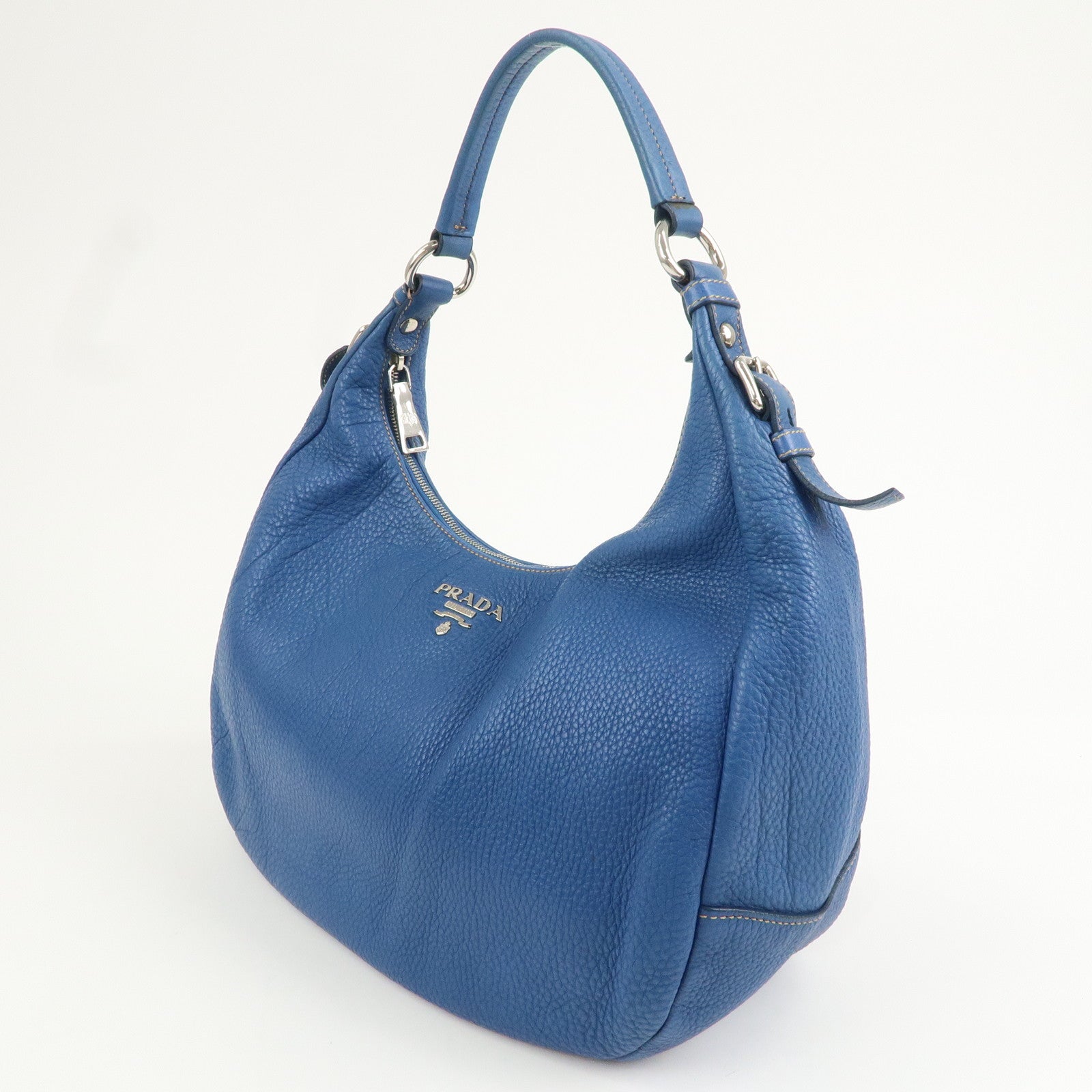 PRADA Logo Leather Shoulder Bag Blue Silver HDW