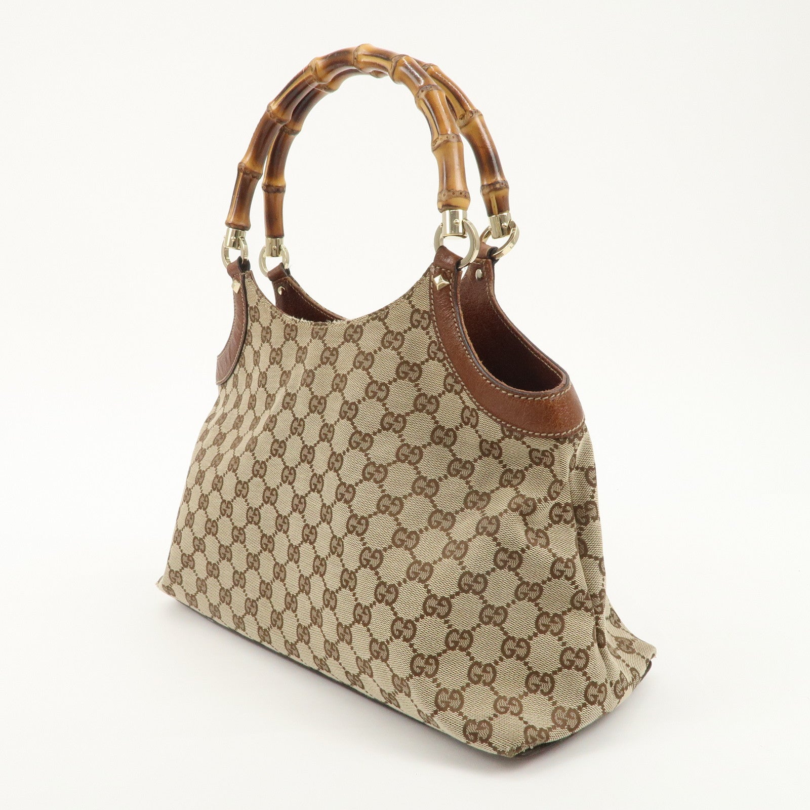 GUCCI Bamboo GG Canvas Leather Shoulder Bag Beige Brown 137395 Used