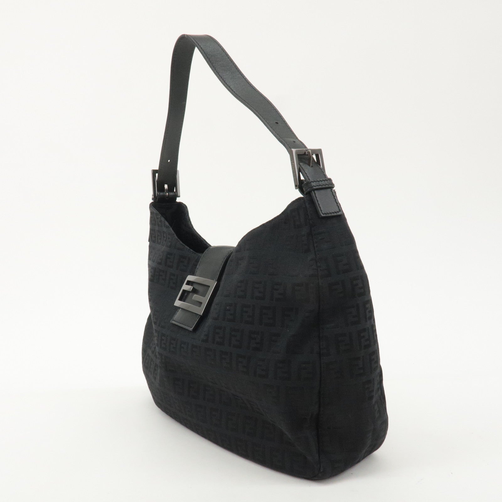 FENDI Zucchino Canvas Leather Shoulder Bag Black 8BR037