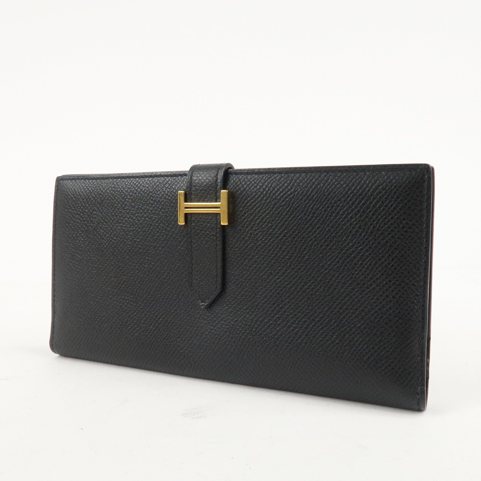 HERMES Leather Bearn Long Wallet M Stamped (around 2009) Black