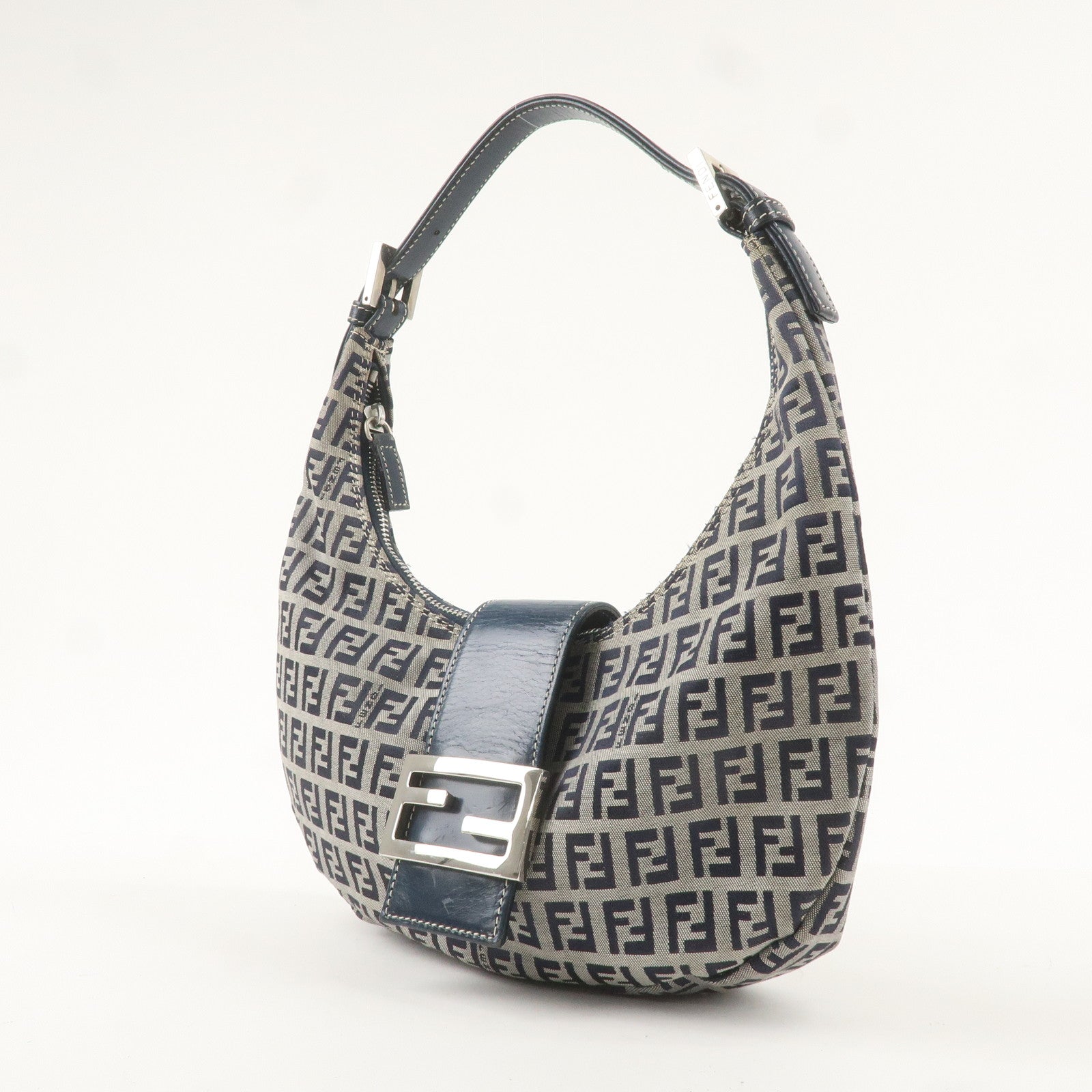 FENDI Zucchino Canvas Leather Shoulder Bag Navy Grey