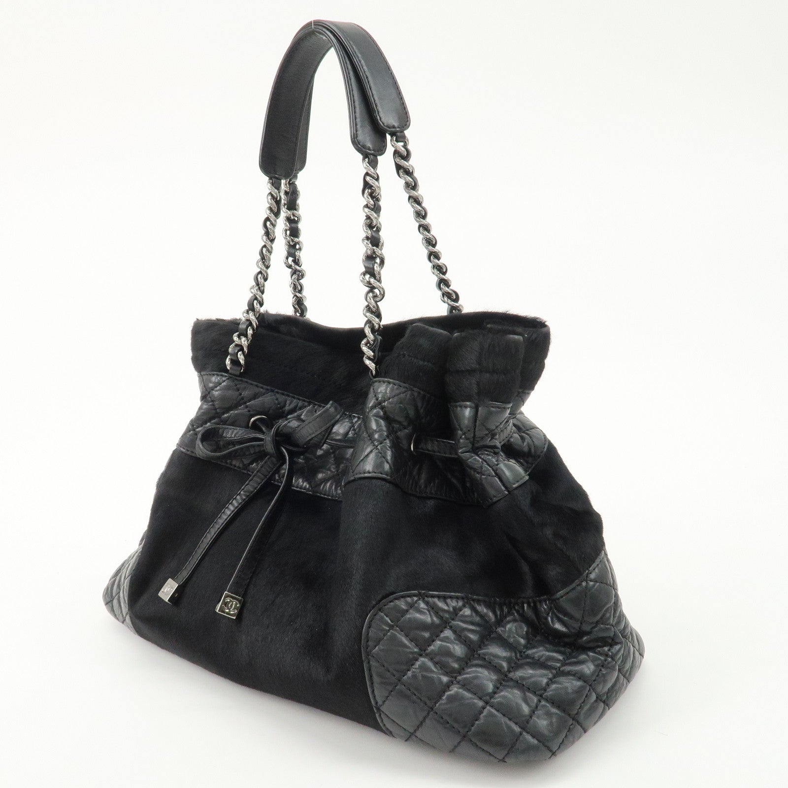 CHANEL Matelasse Pony Hair Leather Chain Drawstring Tote Bag Used