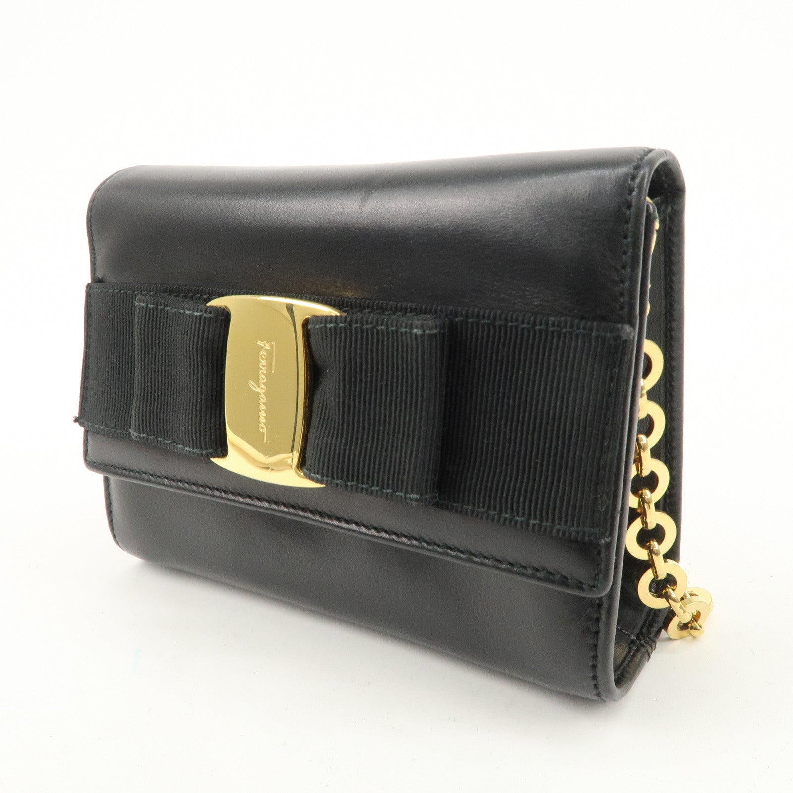 Ferragamo Vara Leather Ribbon Mini Chain Shoulder Bag Black Used