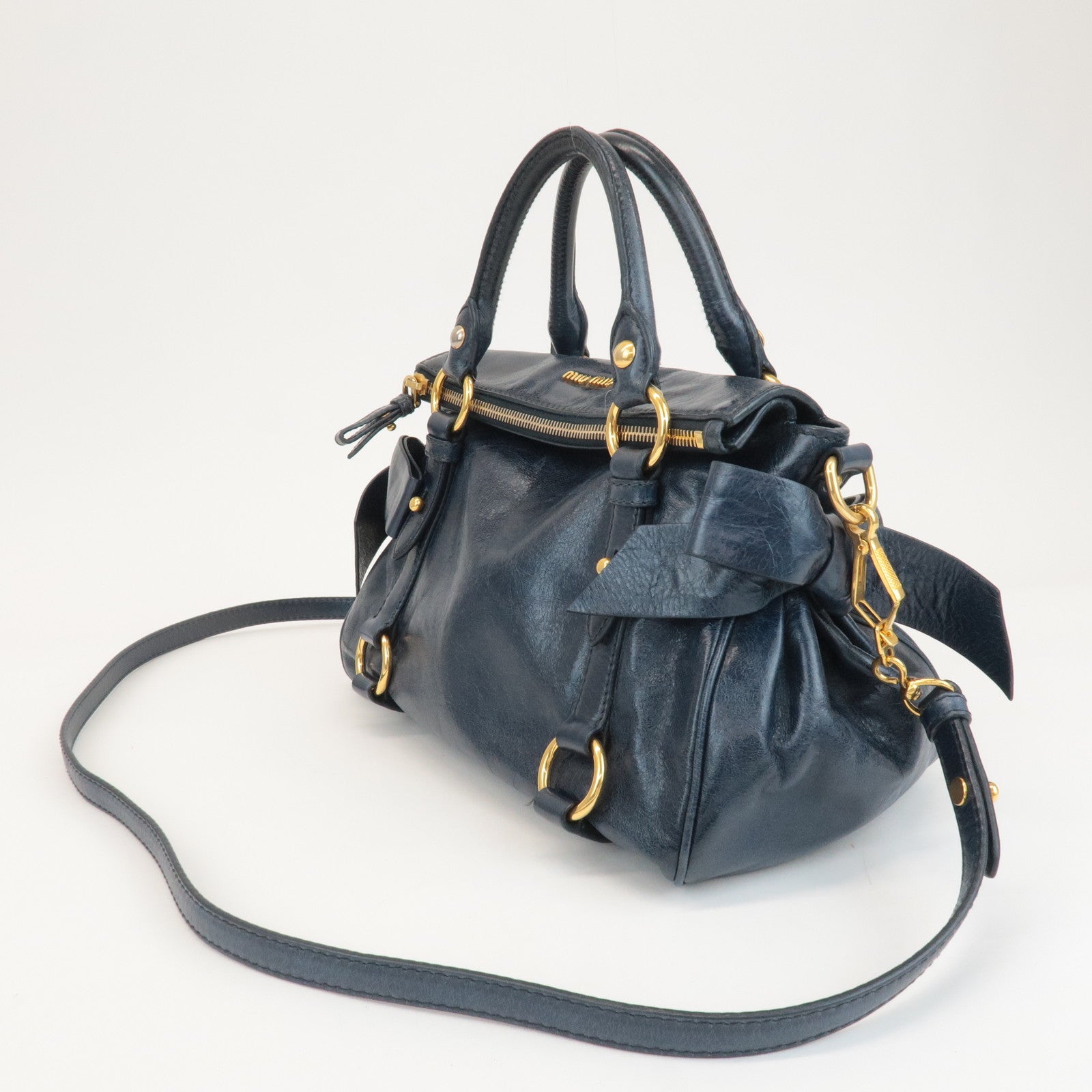 MIU MIU Ribbon Leather 2Way Shouder Bag Hand Bag Navy Used