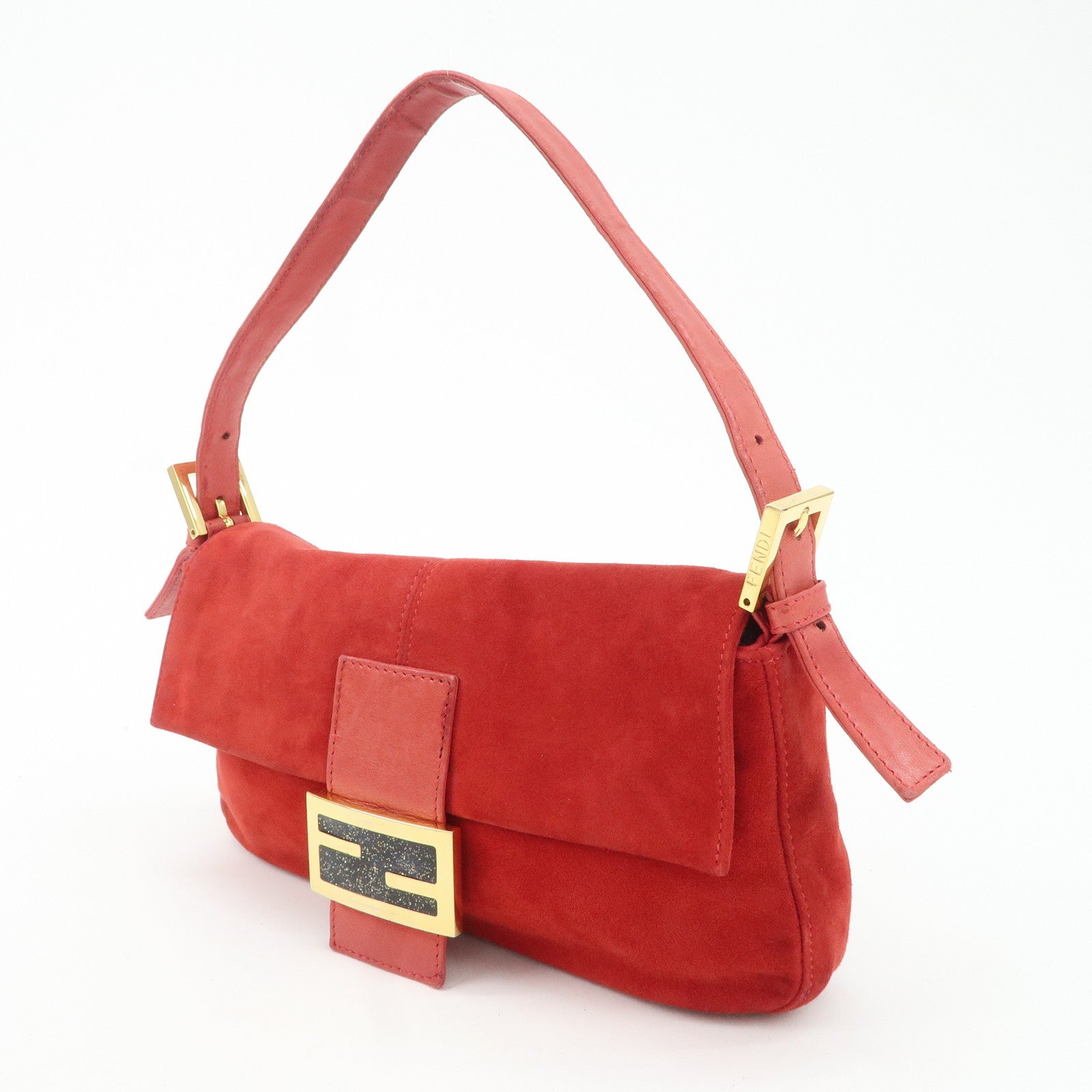 FENDI Mamma Baguette Suede Leather Shoulder Bag Red 26424 Used