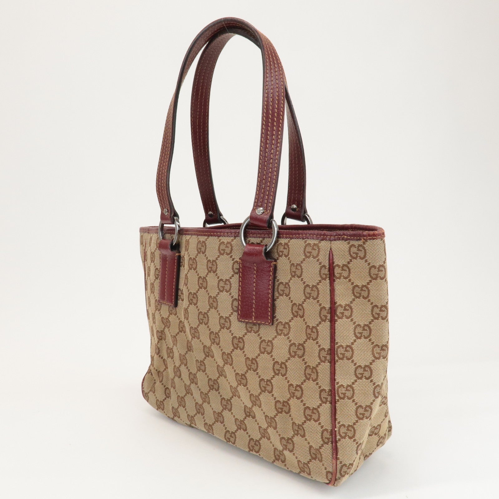 GUCCI GG Canvas Leather Tote Bag Hand Bag Beige Bordeaux 113019 Used