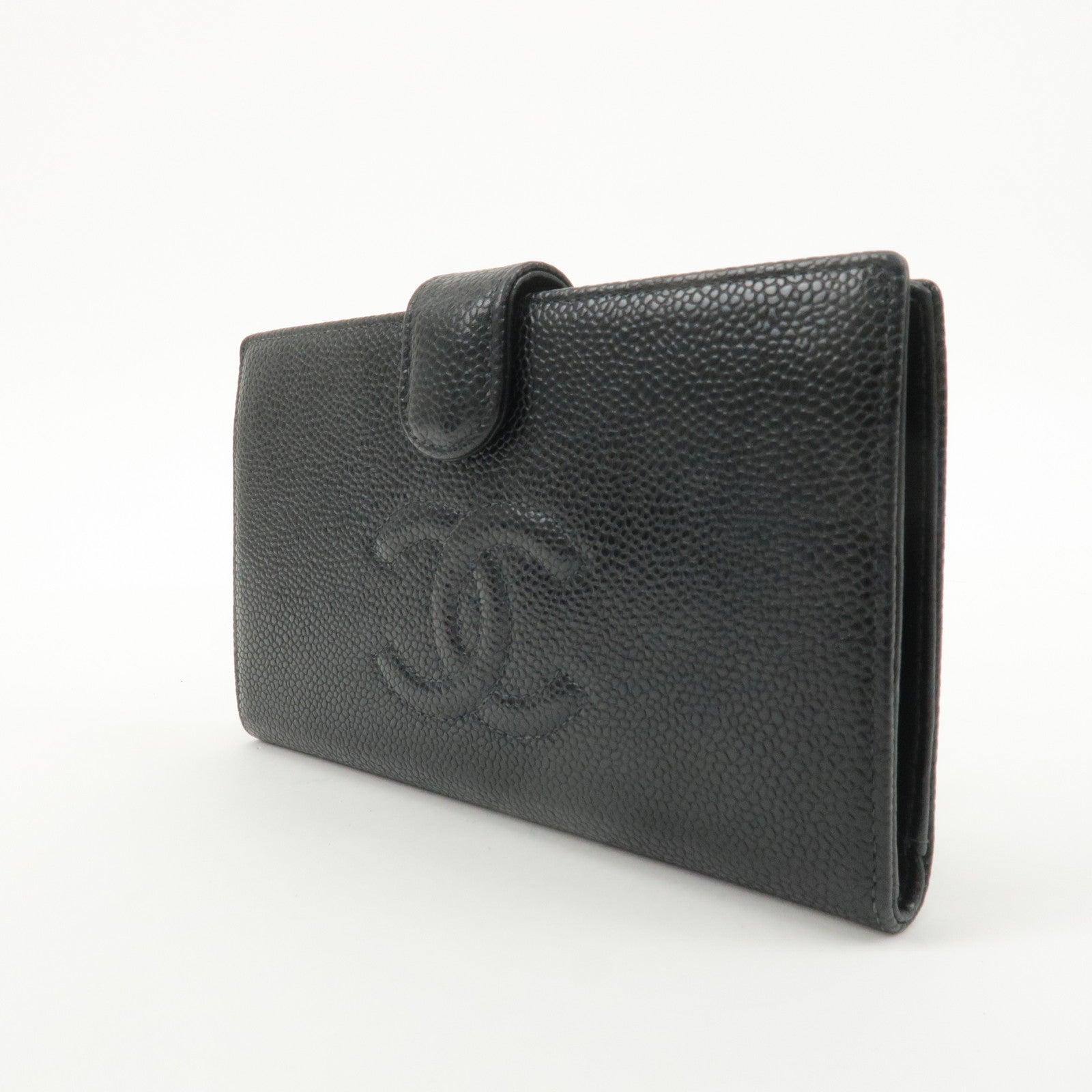 CHANEL Caviar Skin Bi-Fold Long Wallet Black A13498 Used