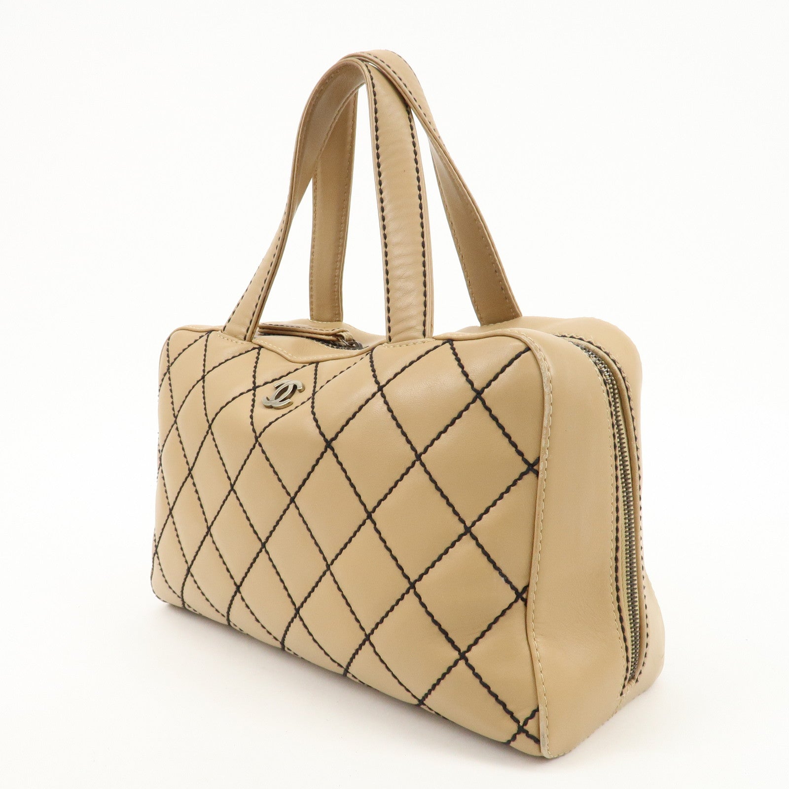 CHANEL Wild Stitch Lamb Skin Coco Mark Hand Bag Beige A14692