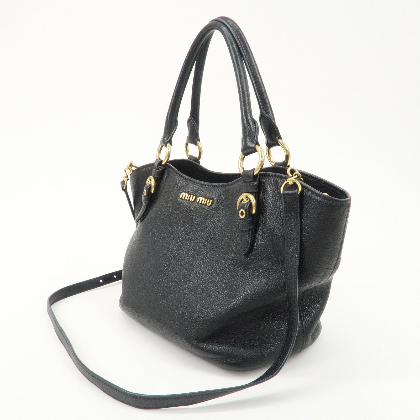 MIU MIU Logo Leather 2Way Tote Bag Black 5BE886 Used