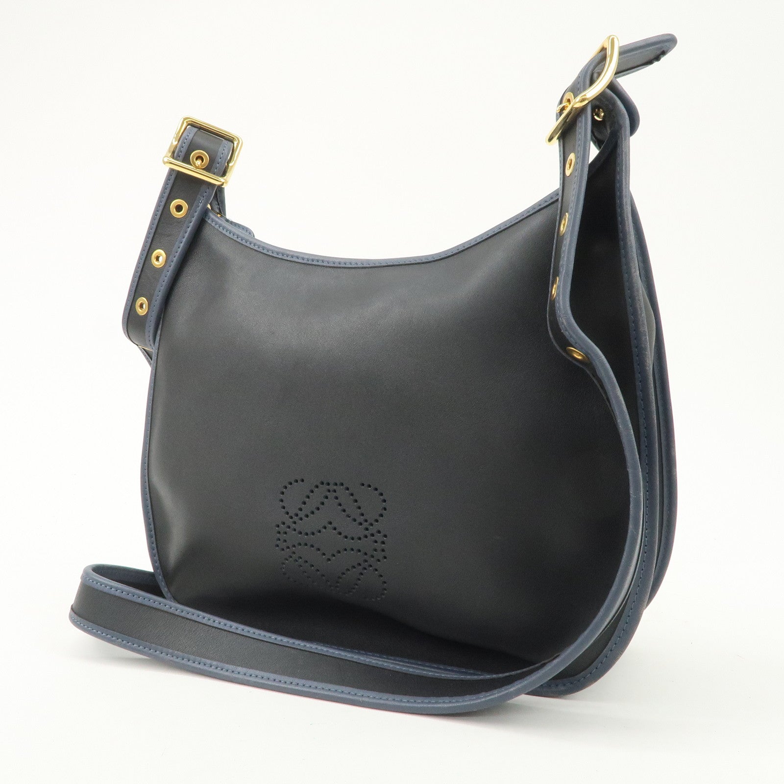 LOEWE Anagram Leather Sophia Shoulder Bag Black Navy Used