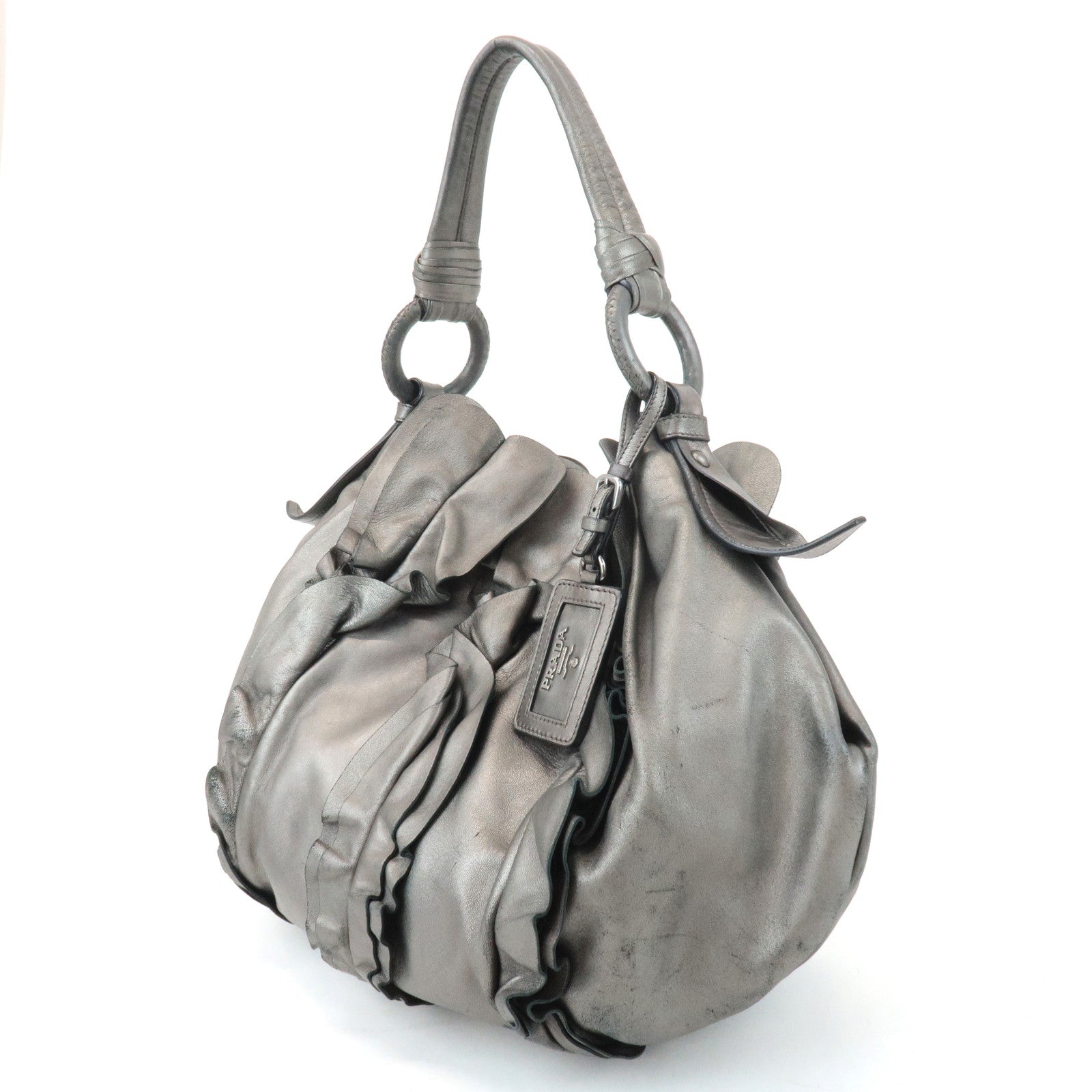 PRADA Leather Gathered 2WAY Shoulder Bag Hand Bag Silver Gray Used