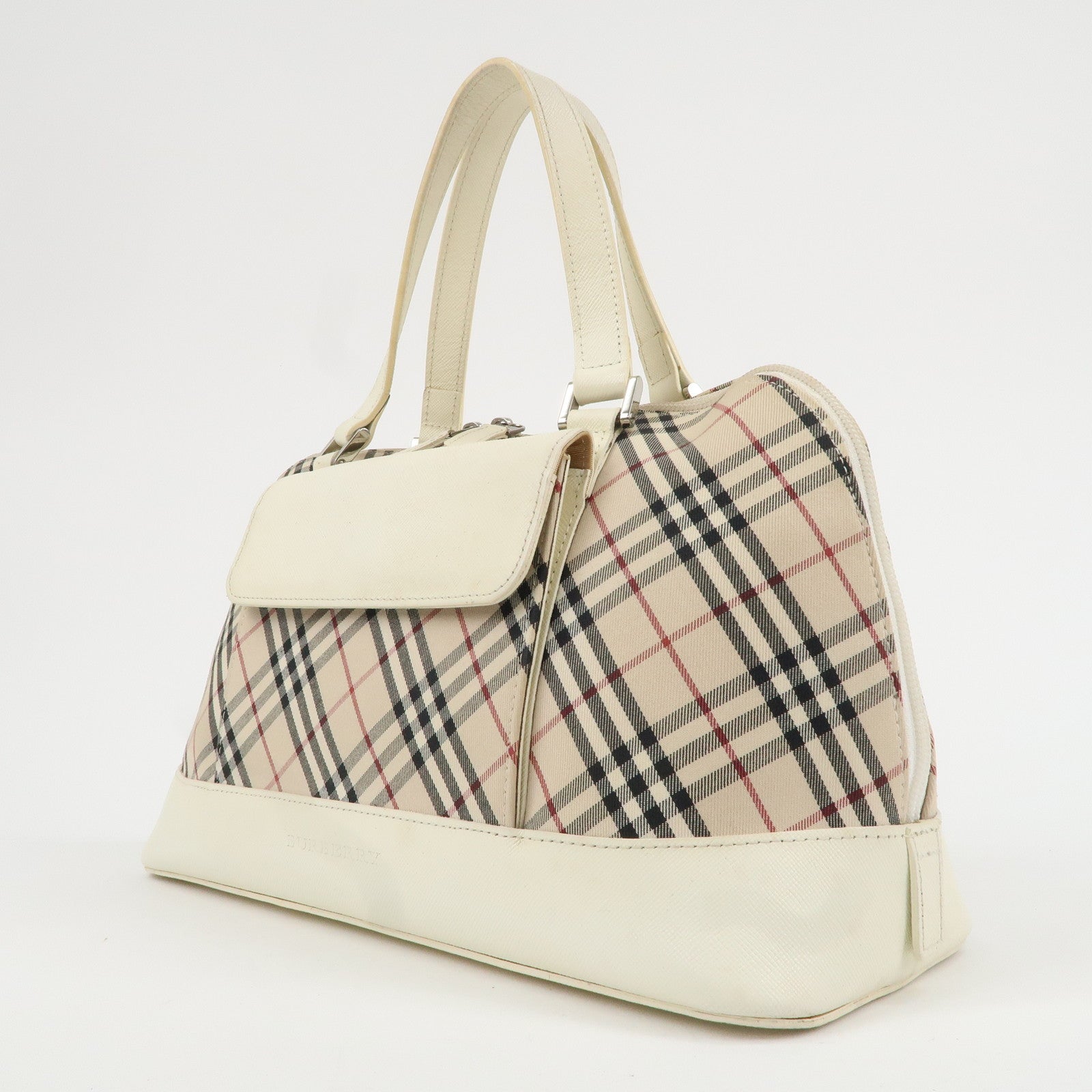 BURBERRY  Nova Plaid Canvas Leather Boston Bag Hand Bag