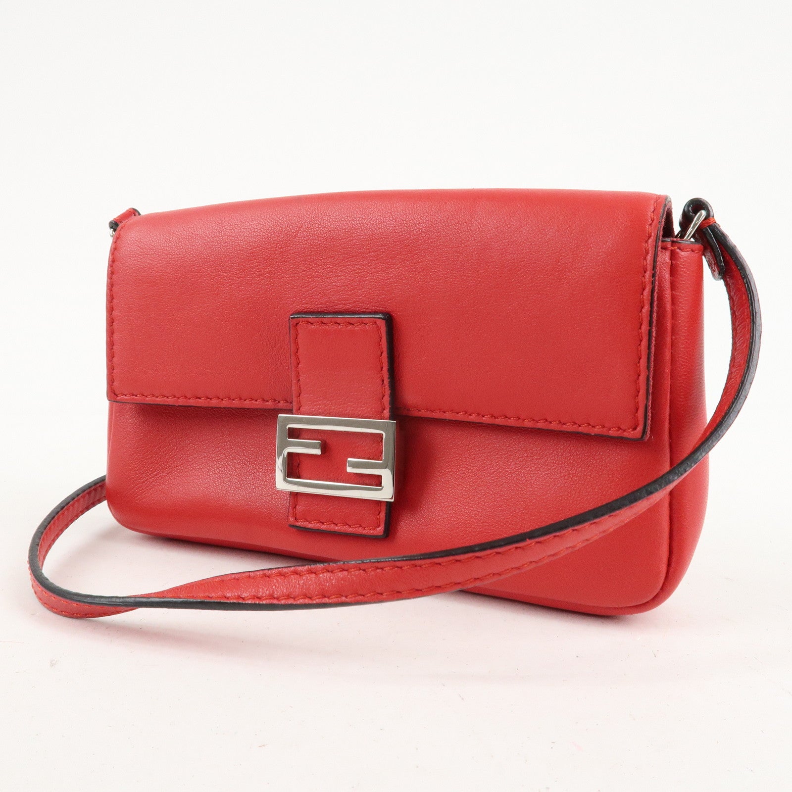 FENDI Micro Baguette Leather Shoulder Bag Red 8M0354 Used