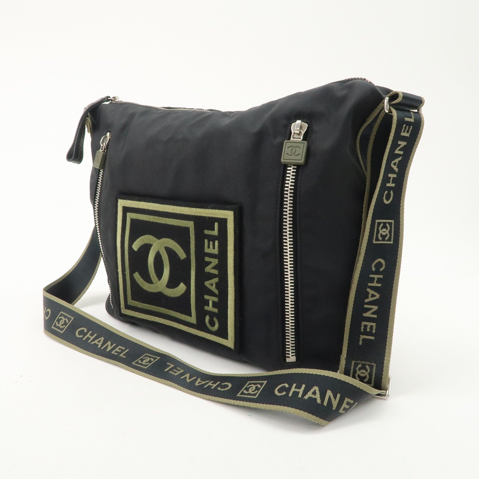 CHANEL Sports Nylon COCO Mark Shoulder Bag Black Khaki