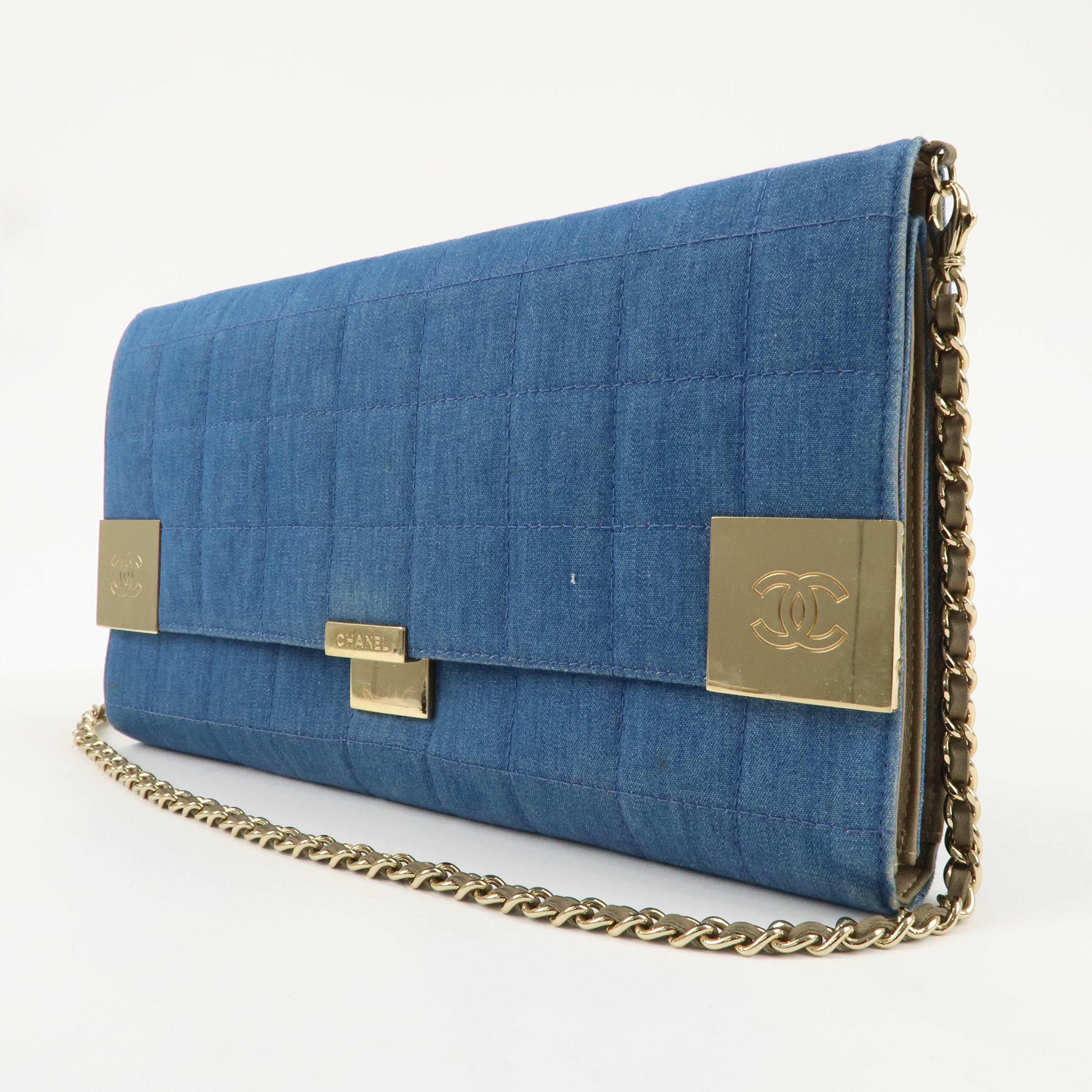 CHANEL Chocolate Bar Denim Leather Chain Wallet Blue