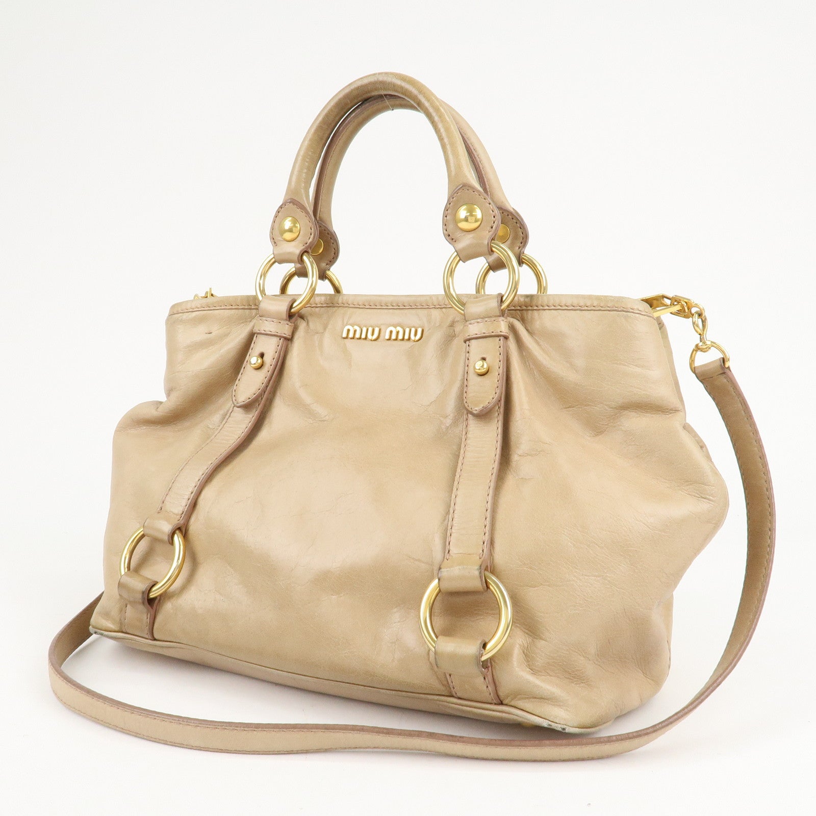 MIU MIU Logo Leather 2WAY Bag Shoulder Bag Hand Bag Beige Used