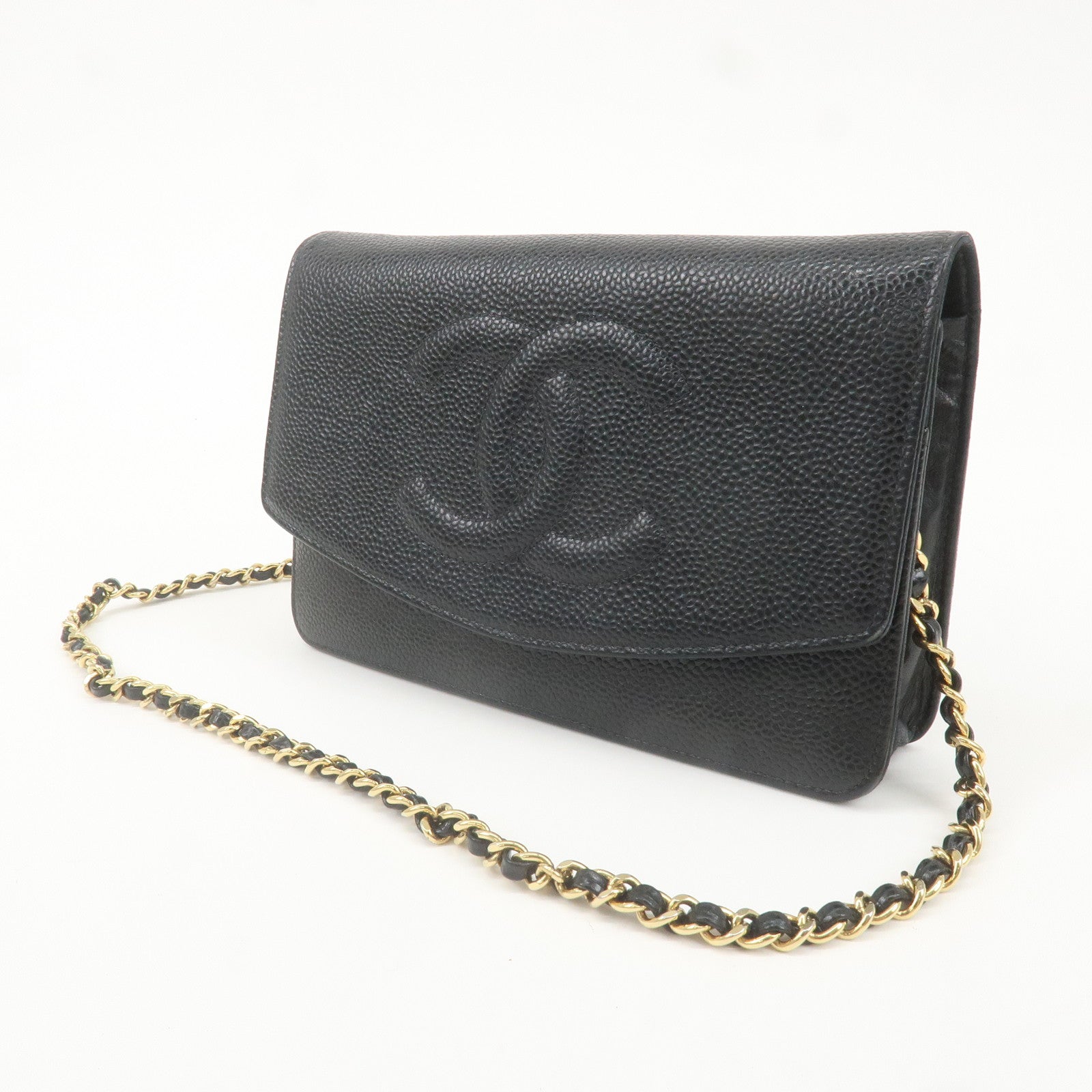 CHANEL COCO Mark Caviar Skin Chain Wallet Black Gold HDW A13509