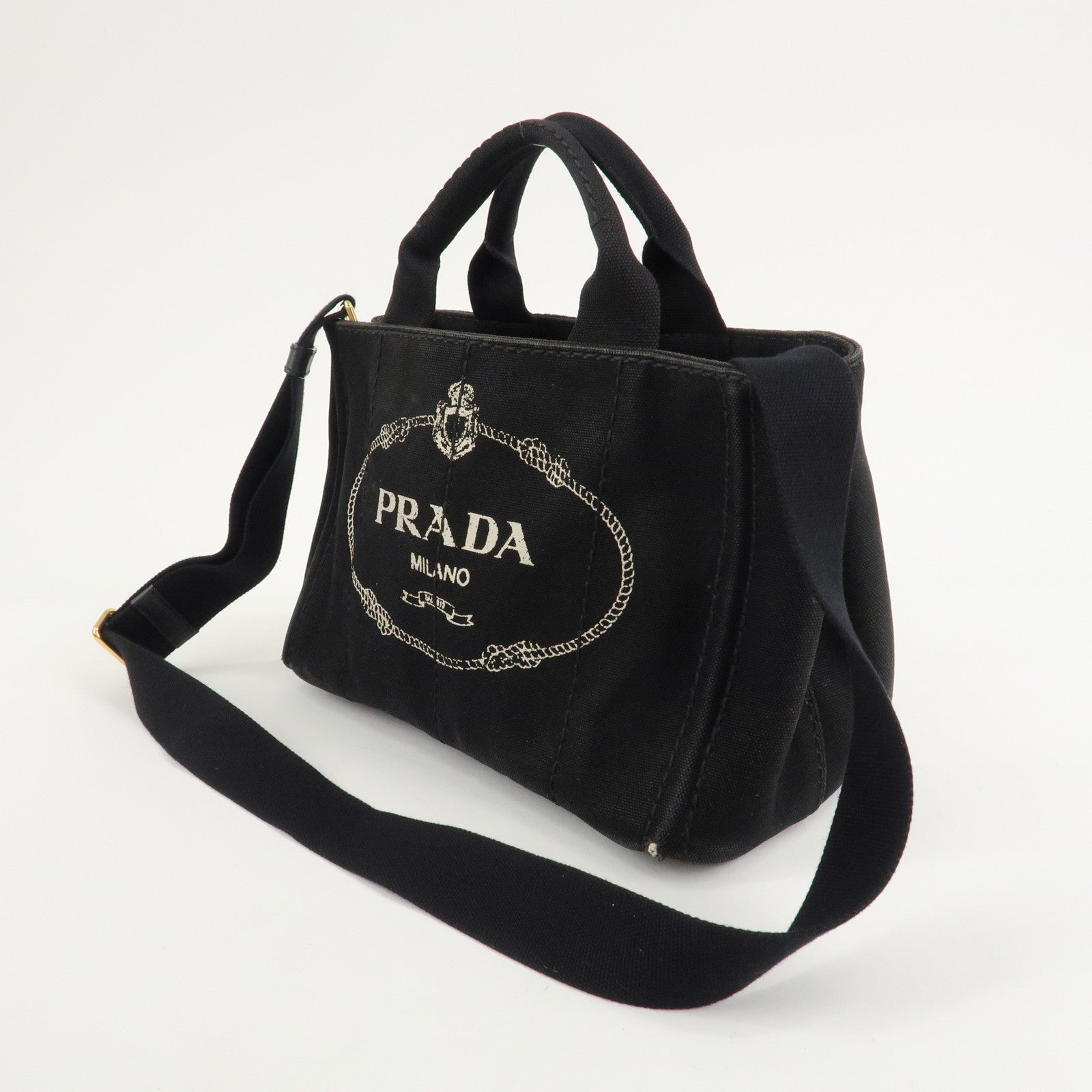 PRADA Logo Canapa Mini Canvas 2Way Shoulder Bag Black 1BG439