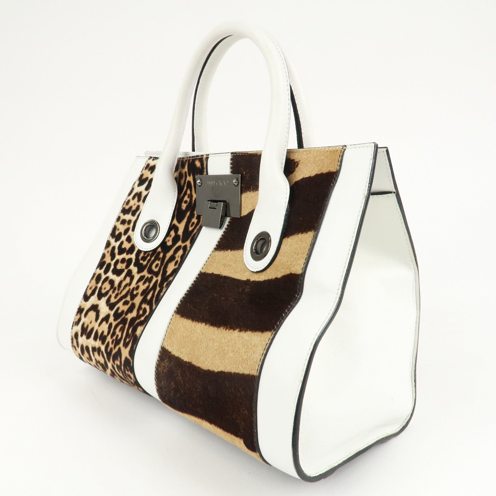 JIMMY CHOO Leather Unborn Calf Hand Bag Leopard White Brown Used